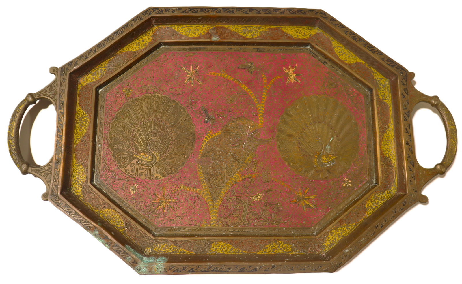Antique toleware serving tray, featuring a hand-painted floral and peacock motif with red and gold (1 of 8)