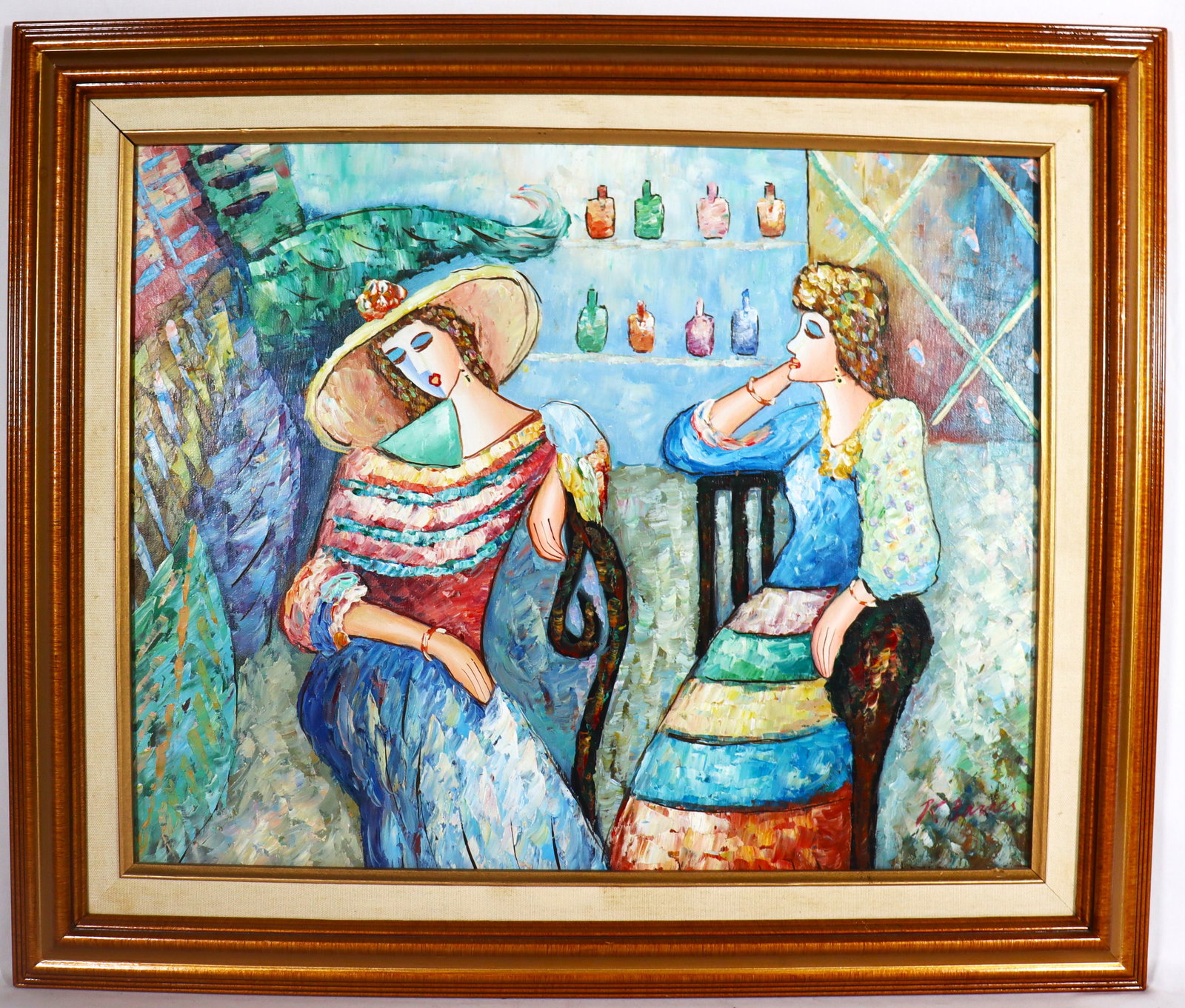 Framed Oil on Canvas Signed K. Barnes, Cafe Scene with Fashionable Women: Framed Oil on Canvas Signed K. Barnes, Cafe Scene with Fashionable Women (a small tear on the canvas) We do not have a COA for this piece and is therefore being sold in the manner of DIMENSIONS with f