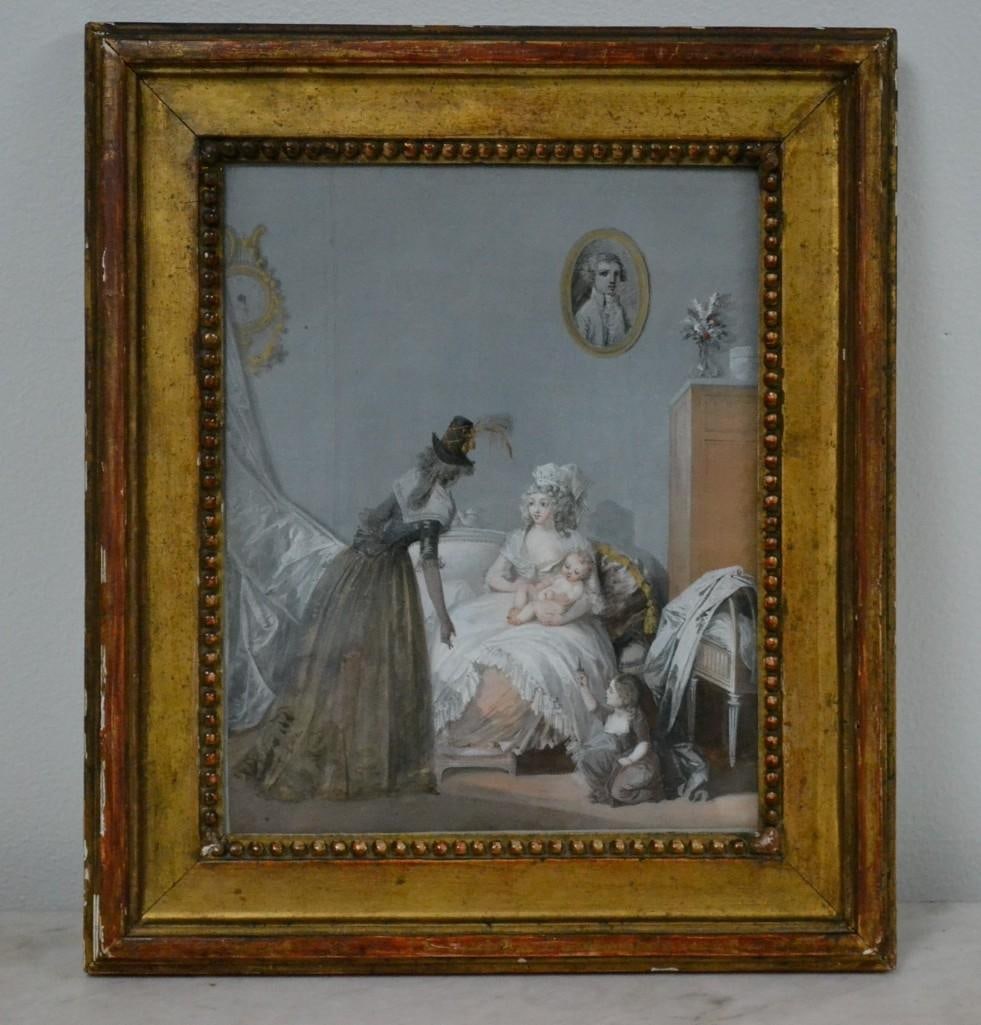 Henri Nicolas VAN GORP (1756-1819) framed gouache on paper: Henri Nicolas VAN GORP (1756-1819)Interior Scene with a mother and Baby Receiving a Visitor Gouache on paperDimensions :10 3/8 x 8 3/8 in Like Marguerite Gérard and Michel Garnier, Van Gorp bel