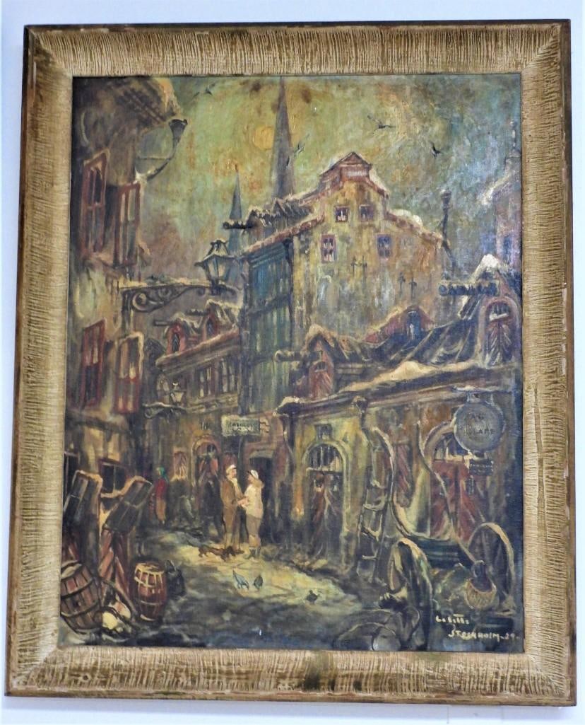 Colette Pope HELDNER (1902-1990). Framed Oil on Canvas.: Artist: Colette Pope HELDNER (1902-1990) Title: Old Stockholm (Prestgatan) Medium: Oil on Canvas. Dimensions: 30 by 24in., 76 by 61cm. (image) Markings: Doble signed and dated on front and b