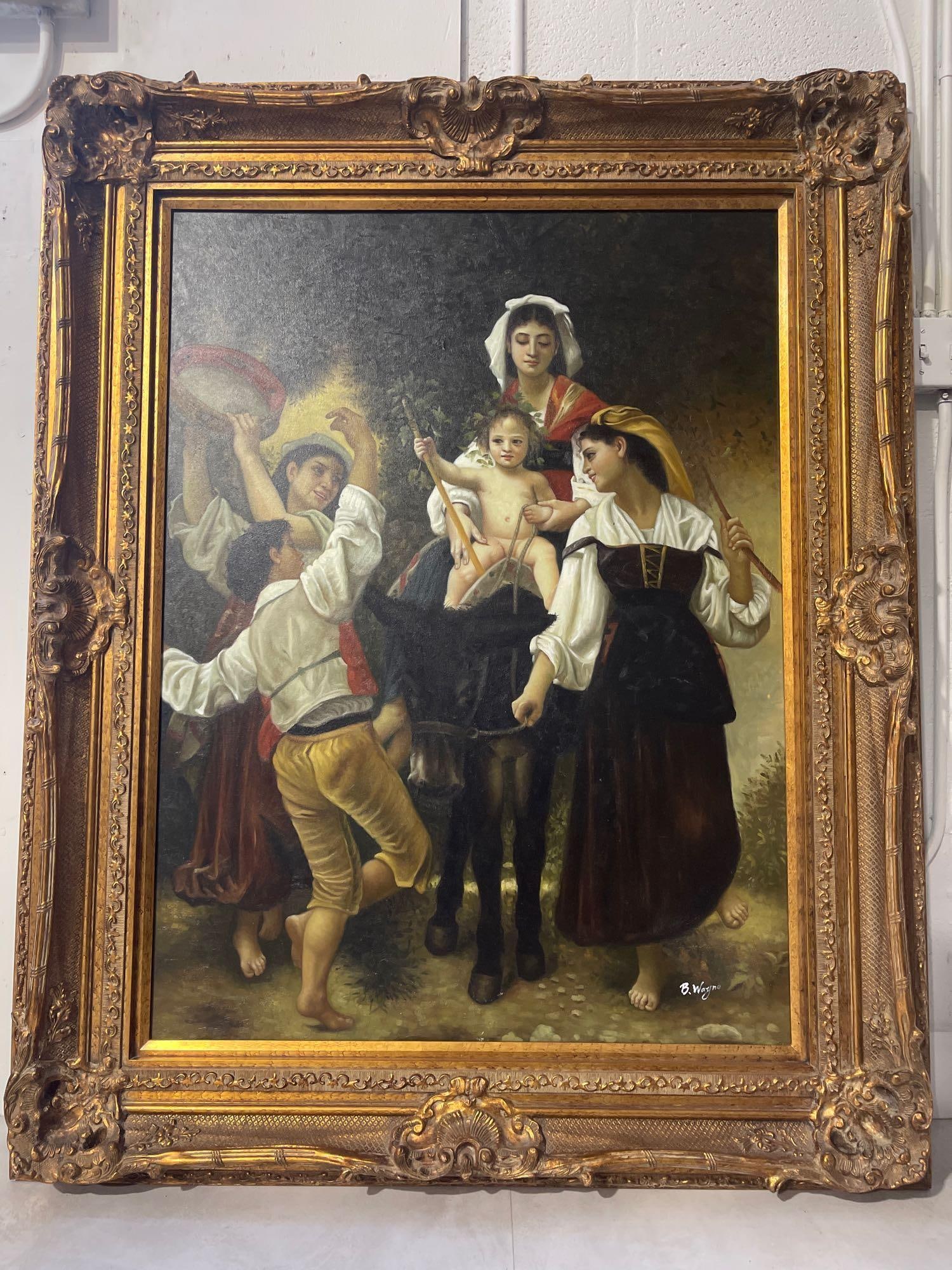 Oil on canvas signed B. WAYNE, titled Return from the Harvest After William-Adolphe Bouguereau: Oil on canvas signed, After William-Adolphe Bouguereau (French, 1825-1905), contemporary oil on canvas titled 'Return from the Harvest,' depicting a group of lively figures in peasant dress al