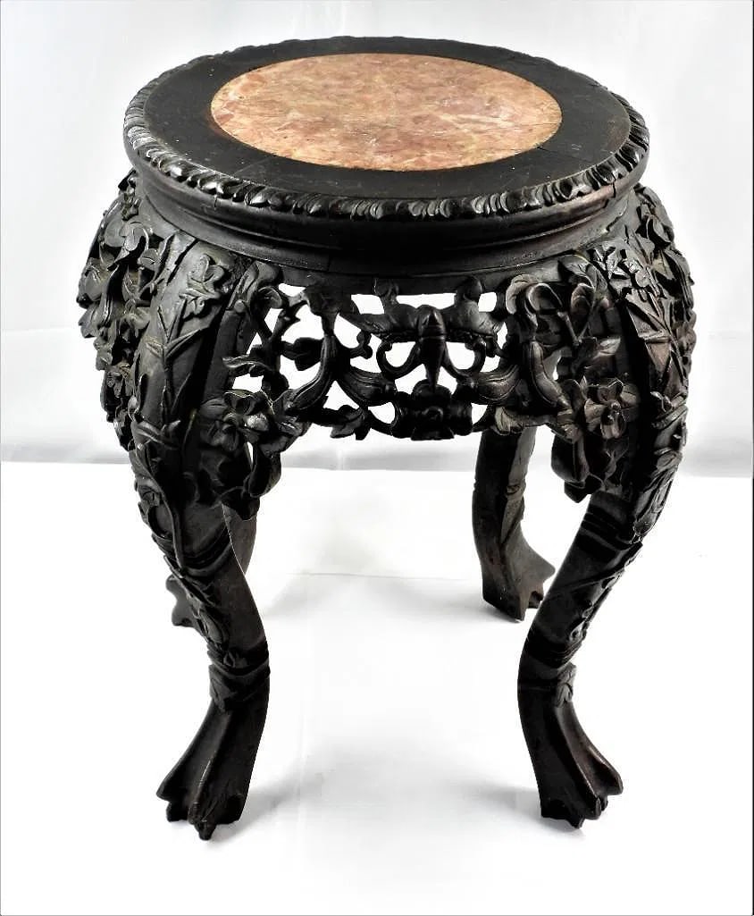 Chinese carved rosewood vase or plant stand, featuring an inset marble top, intricate foliate (1 of 4)