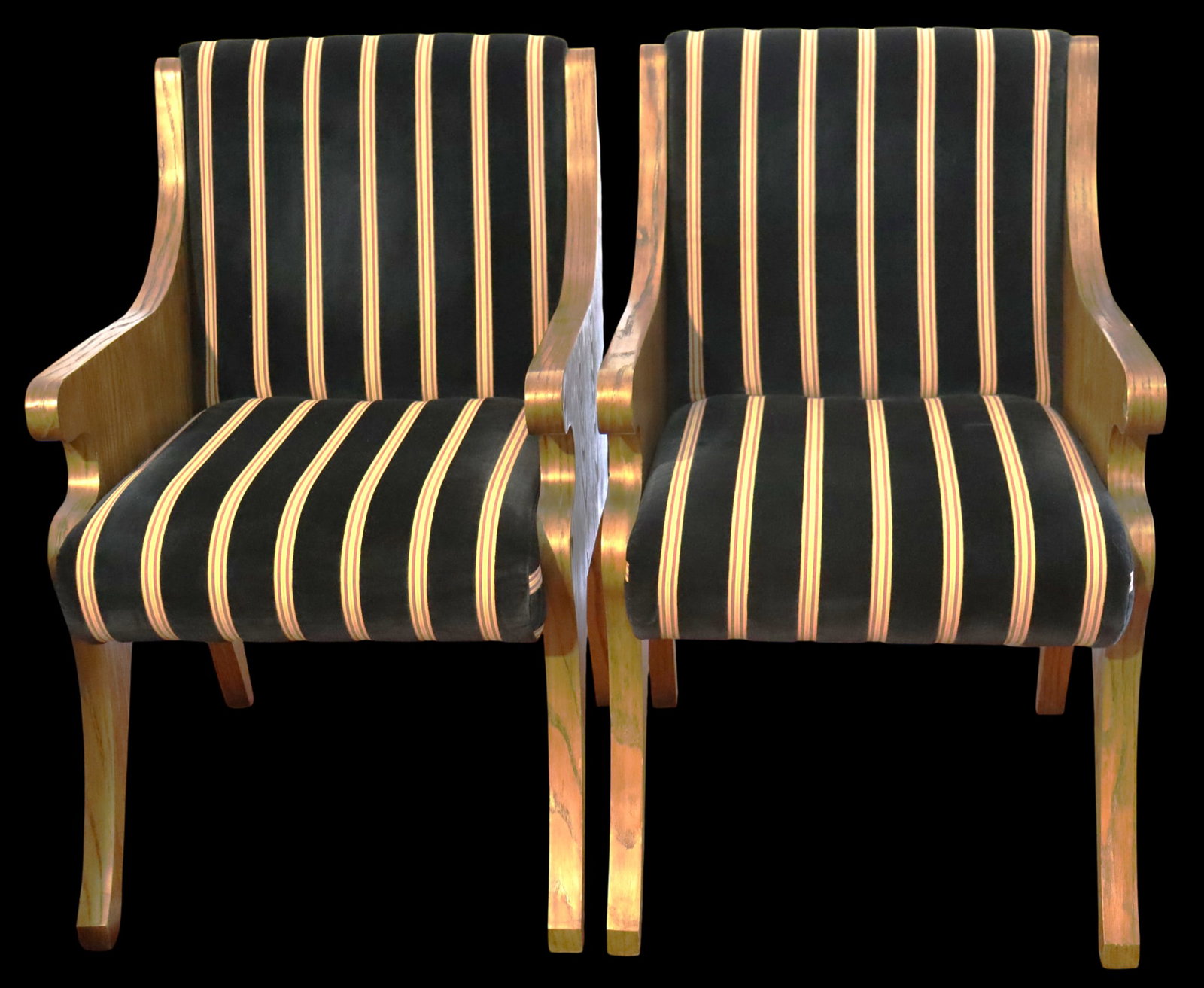 Two Vintage black and gold striped armchairs Empire or Regency style,: Two Vintage black and gold striped armchairs Empire or Regency style, a look that has been reproduced in various forms since the mid-20th century. They feature a wooden frame with a polished