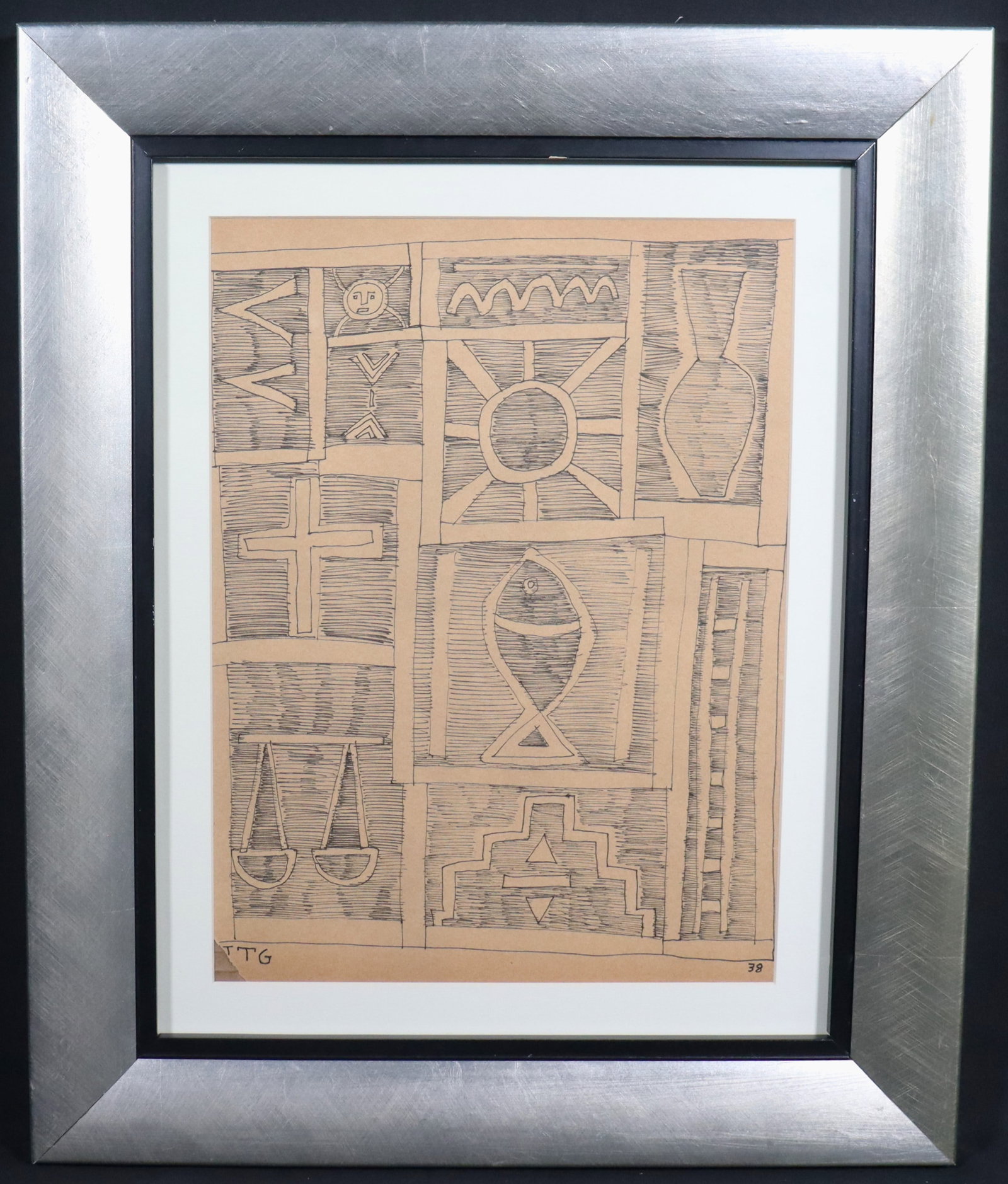 Framed Ink on paper signed JTG (Joaquim TORRES GARCIA) and dated 38: Framed Ink on paper signed JTG and dated 38, (Joaquim TORRES GARCIA Uruguayan, 1874-1949), Untitled DIMENSIONS with frame: Height 17.50 inches/ 44,5 cm 