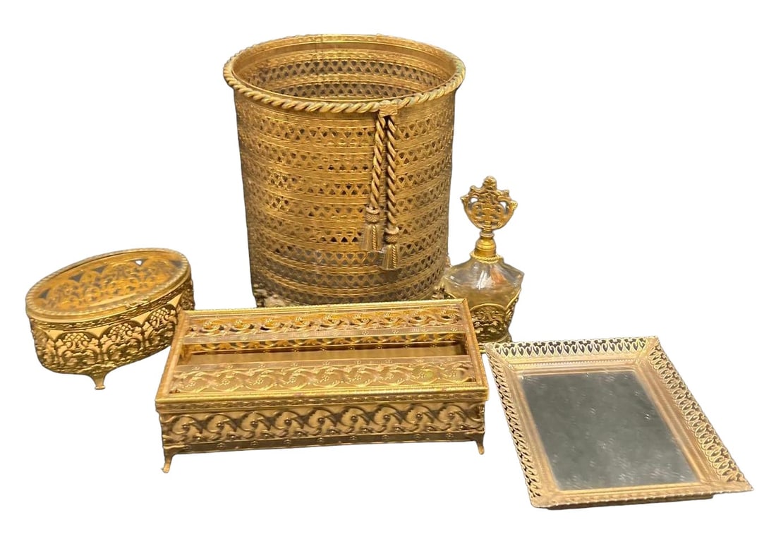 Vintage Gold color Filigree Metal Dresser Vanity Set - 5 piece: Vintage Gold color Filigree Metal Dresser Vanity Set - 5 pieceGarbage Can DIMENSIONS: Height 10 inch / 25,5 cm &