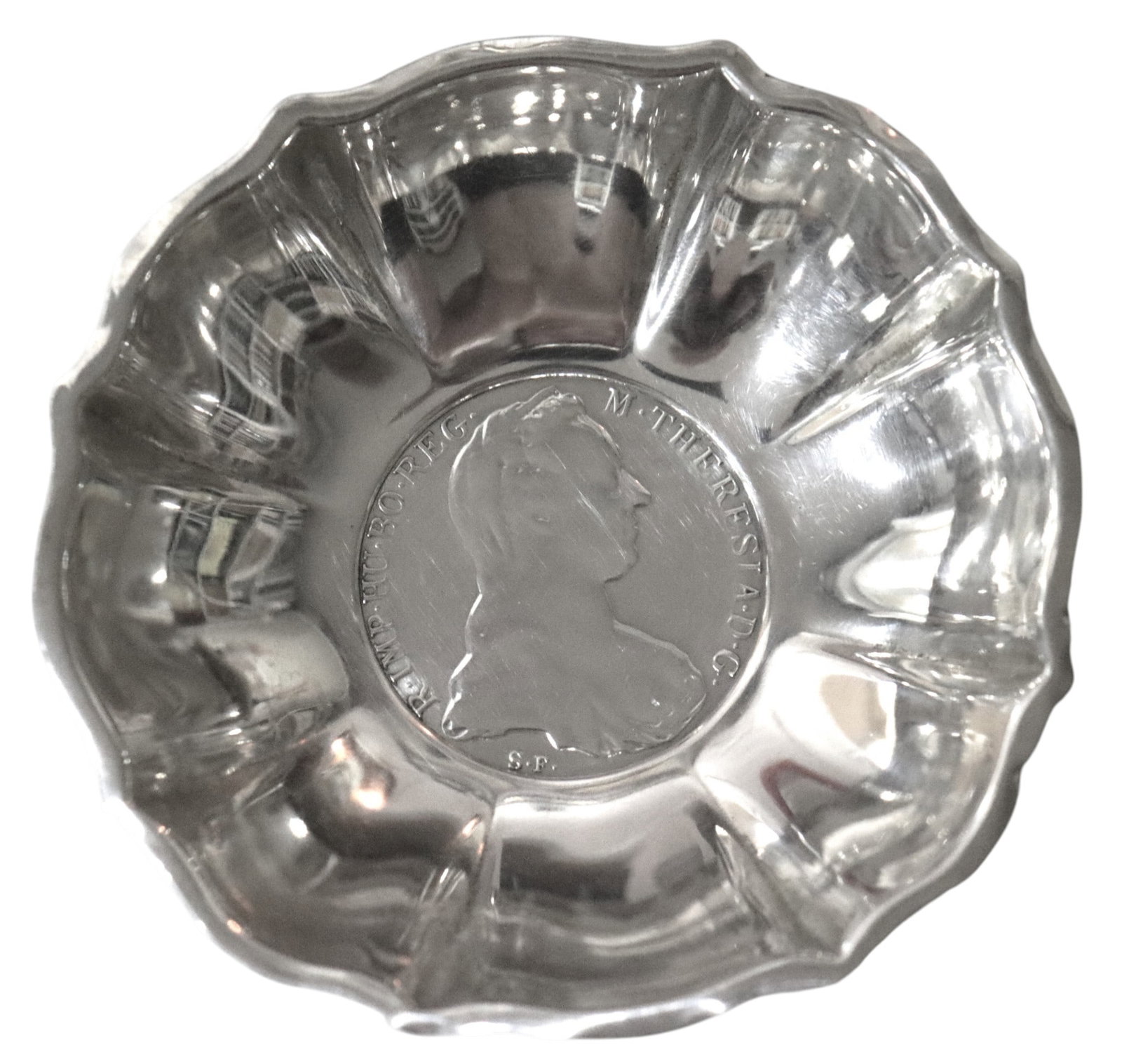 Silver bowl with center-mounted Maria Theresa Thaler coin: Silver bowl with center-mounted Maria Theresa Thaler coinMaria Theresa Austrian Thaler Silver DishPartially obscured maker's mark, featuring a .833 silver restrike of the 1780 Maria Theresa