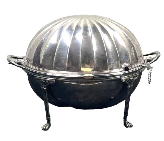 English Silver Plated Breakfast Dish by MAPPIN & WEBB: English Silver-Plated Breakfast Dish by MAPPIN & WEBB Oval shaped tureen, having a hinged lid with a round button to open, a pierced insert and removable dish. All on a footed baseDIMENSIONS: