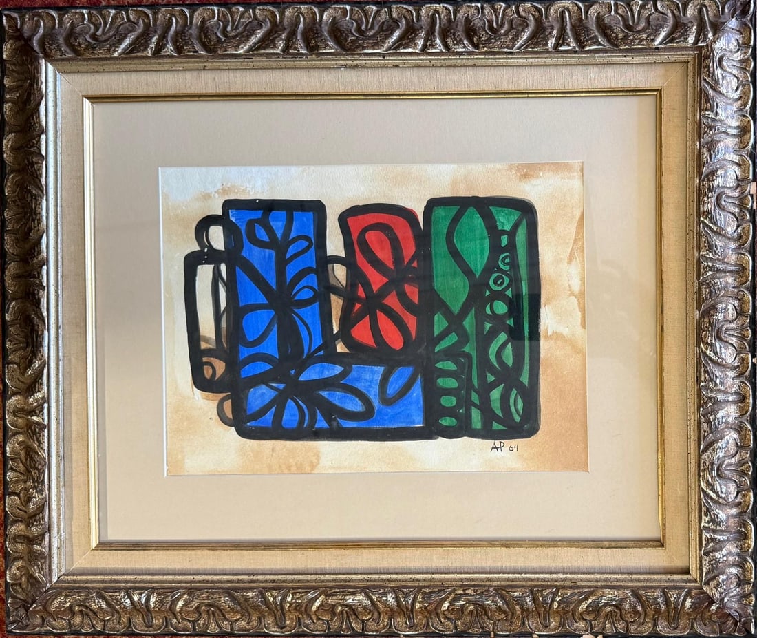 Framed mixed Media on paper signed A.P and dated 64 - 8