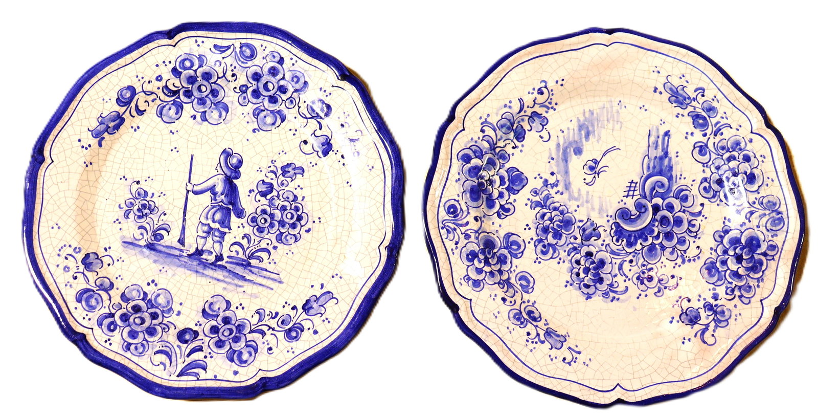 Vintage Spanish Majolica Pair of blue and white hand-painted ceramic scalloped plates by Lufeco (1 of 5)