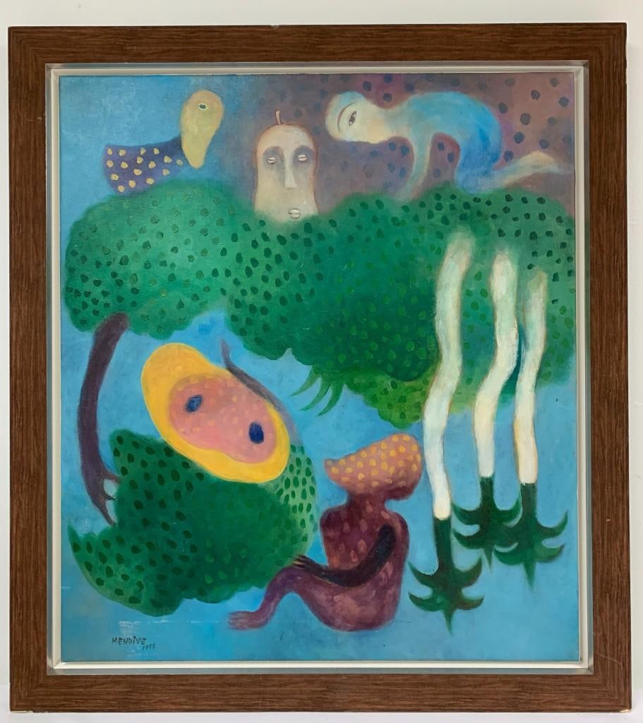 Framed Oil on canvas signed Manuel MENDIVE, title La Maribosa Amarilla: Framed Oil on canvas signed Manuel MENDIVE and dated 1999, Born CUBA 1944, Titled La Maribosa Amarilla with COA signed lower left, DIMENSIONS with frame: Height 36.50 inch / 92,7 cm &