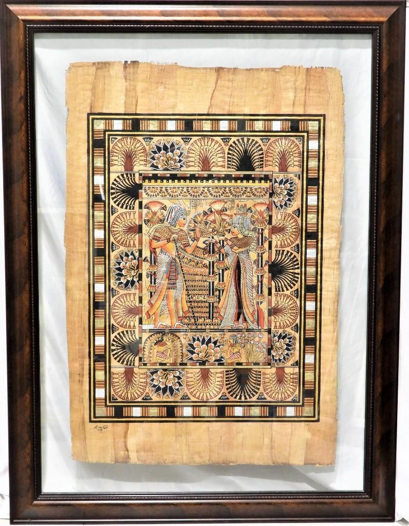 framed Egyptian papyrus,: Egyptian painting on papyrus depicting queen Ankhesenamun offering king Tutankhamun a bouquet of flowers, this is a scene taken from the lid of an ivory chest found in Tutankhamun's tomb 