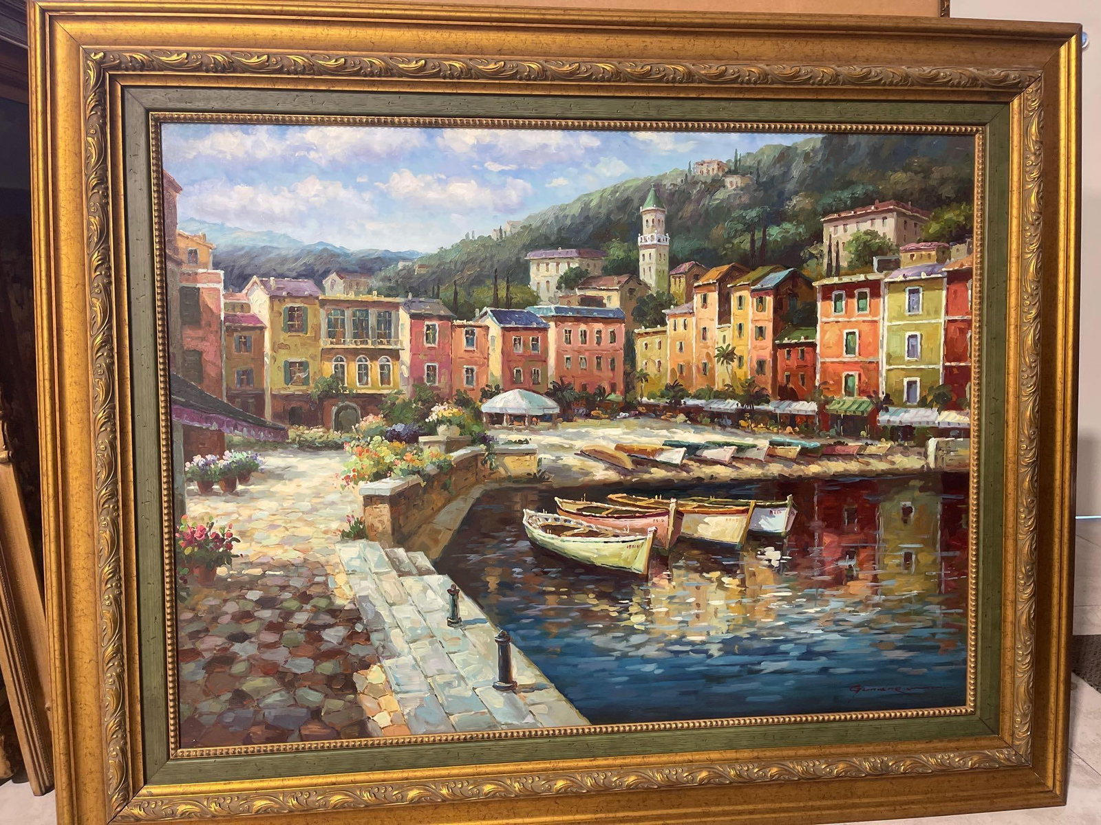 Harbor at Portfino Hand Enhanced Giclee on Canvas: After S.SAM PARK Harbor at Portfino, Hand Enhanced Giclee on Canvas, SIGNED GUNNERDIMENSIONS with frame: Height 49 inch / cm &nbs