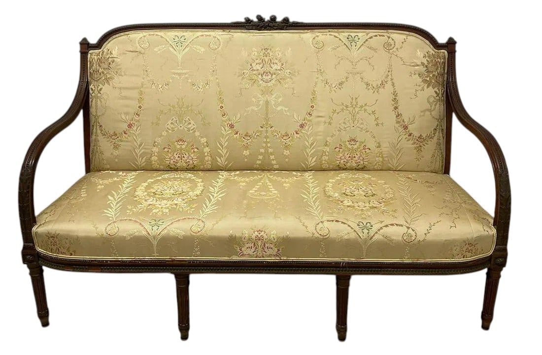 Antique French Louis XVI style carved walnut settee or sofa and featuring ornate decorative tapestry (1 of 5)