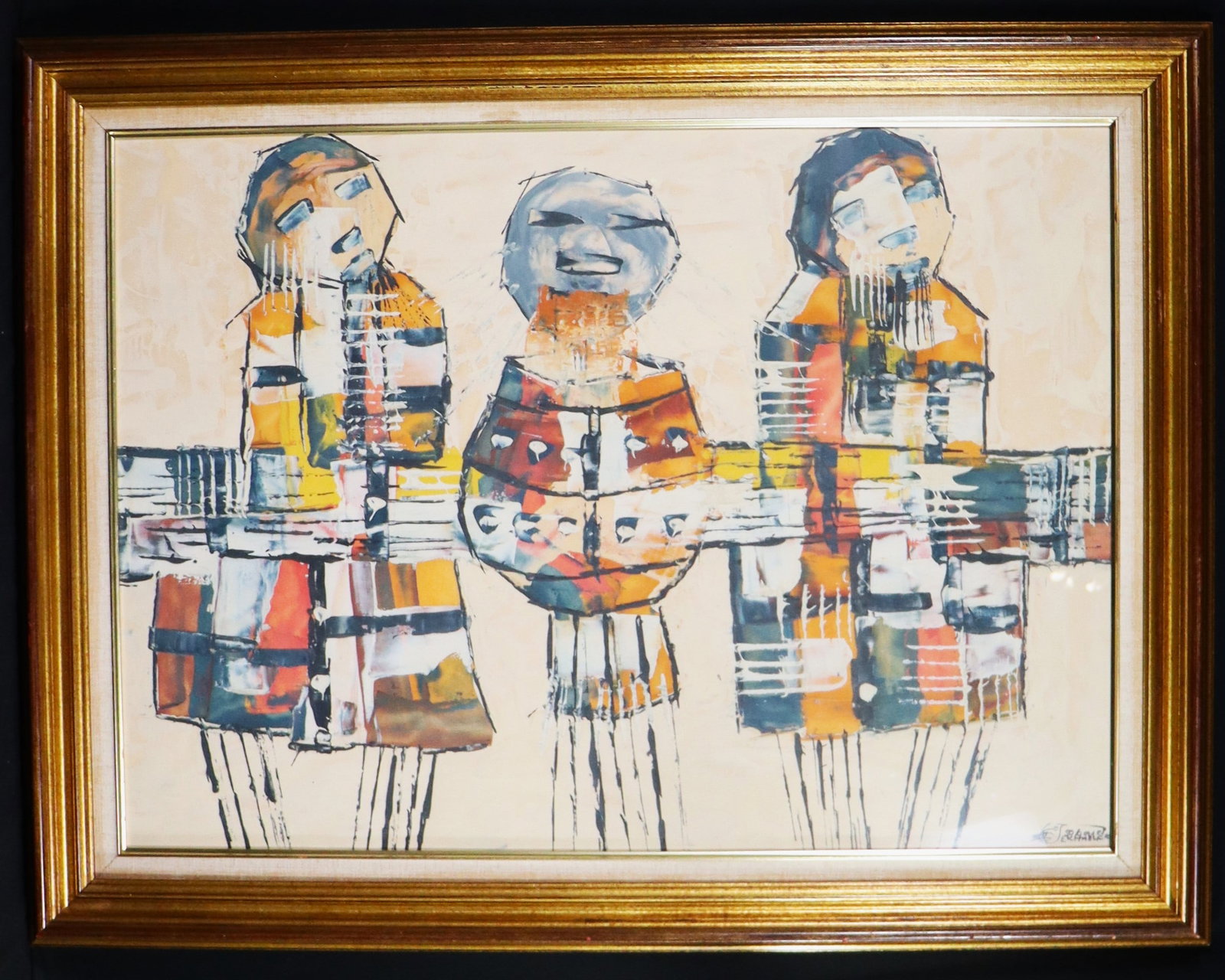 Framed Mixed Media on paper signed Solomon Sekhaolelo Titled Village Band: Framed Mixed Media on paper signed Solomon Sekhaolelo (1937- , South African) Titled Village Band DIMENSIONS with frame: Height 30.10 inch / 76,5 cm &n