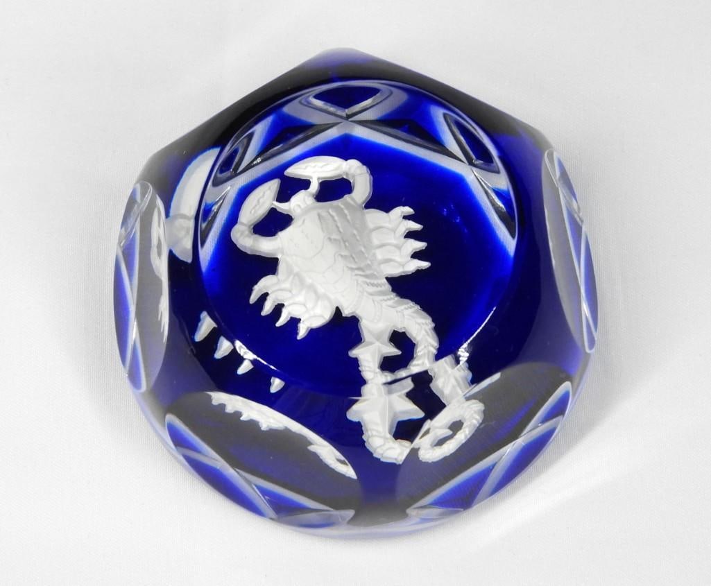 Paperweight with Scorpio zodiac symbol from Baccarat: Paperweight with zodiac symbol from Baccarat signed with acid stamp Diameter 2 1/2 inches 
