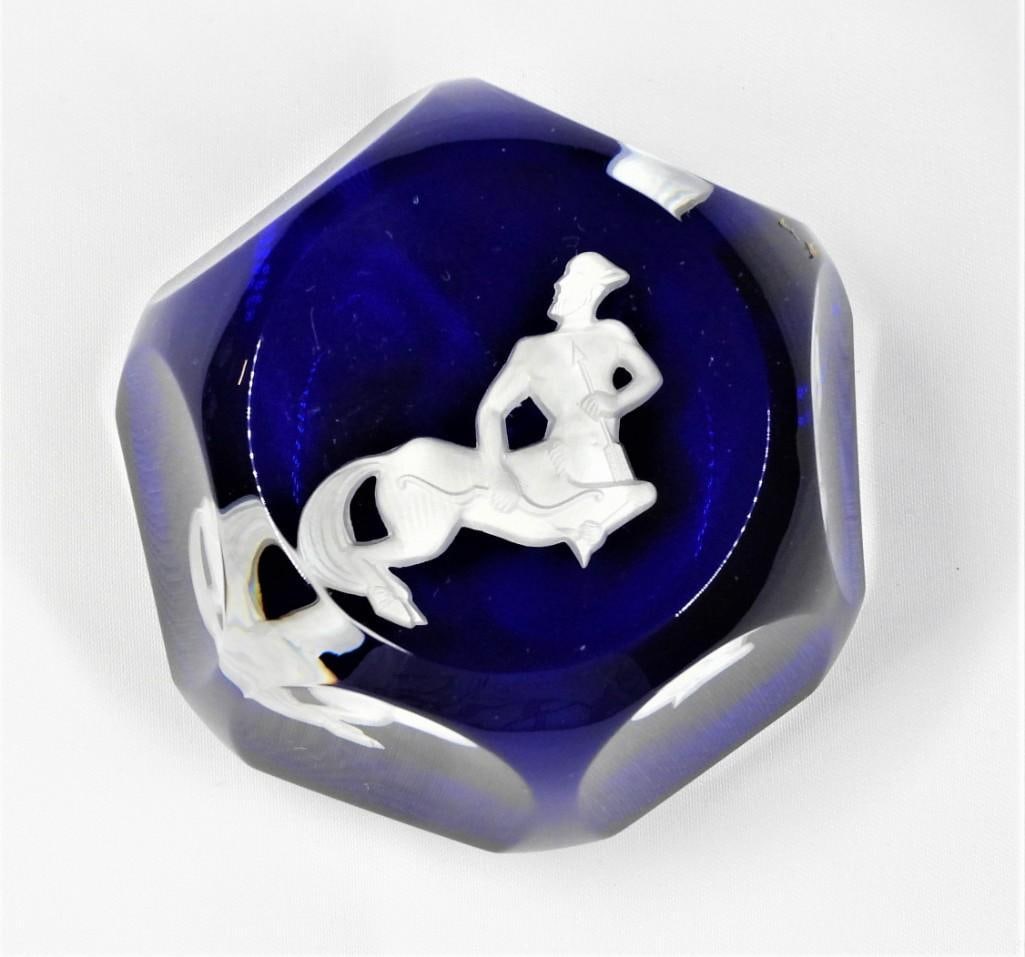 Paperweight with Sagittarius zodiac symbol from Baccarat: Paperweight with zodiac symbol from Baccarat, signed with acid stamp Diameter 2 1/2 inches 