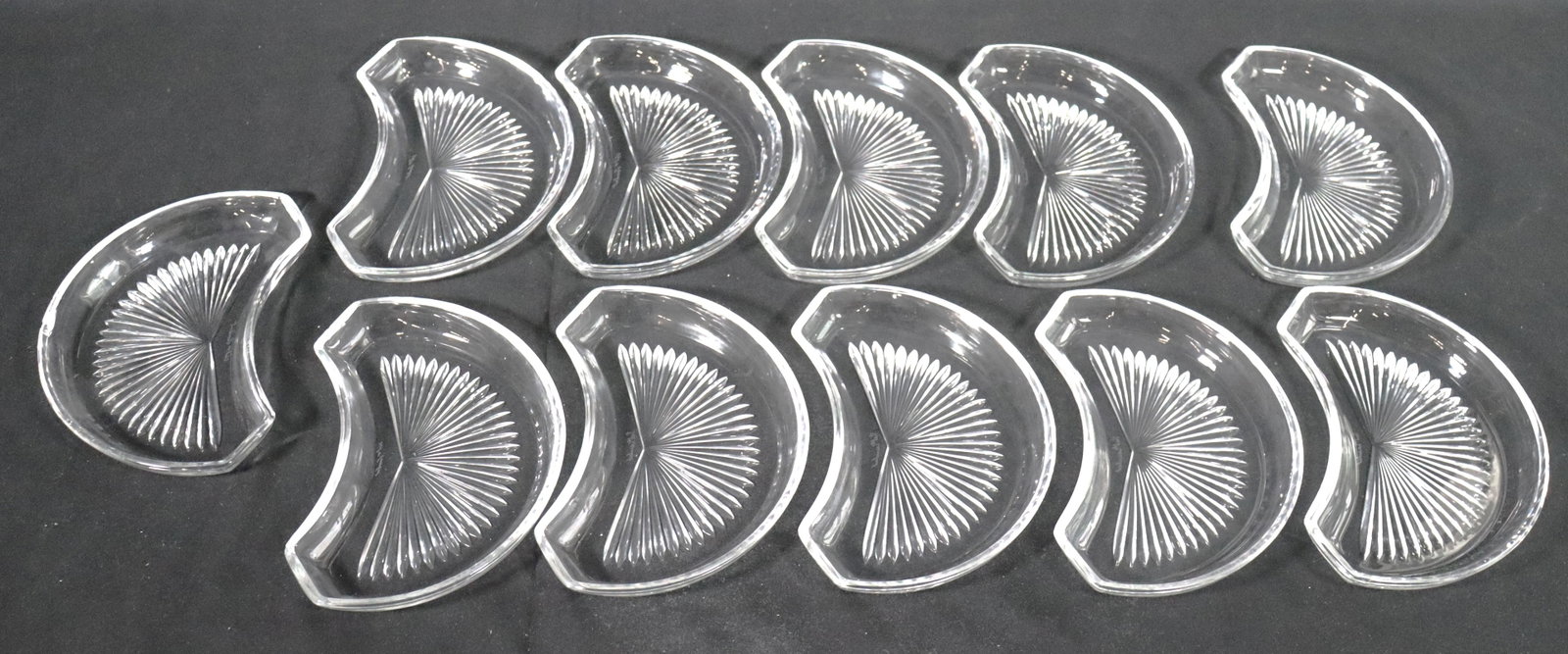 11 VAL SAINT LAMBERT crystal half-moon salad plates: 11 VAL SAINT LAMBERT crystal half-moon salad plates (one chip in one plate) From France DIMENSIONS: Height: 0.75 inch / 2 cm 