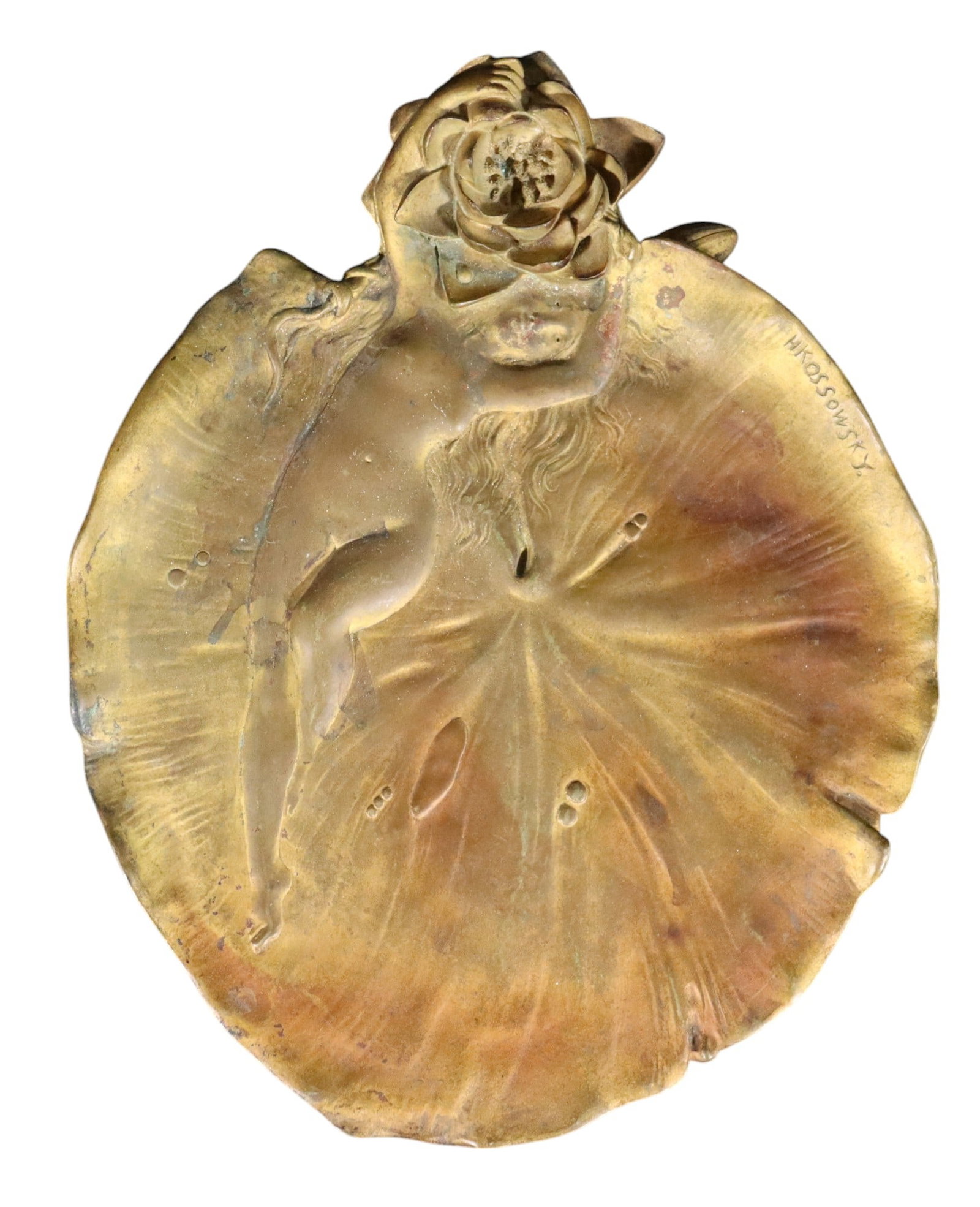 ART NOUVEAU STYLE FRENCH GILT BRONZE PLATE depicting a nude woman with a rose signed H. KOSSOWSKY: ART NOUVEAU STYLE FRENCH GILT BRONZE PLATE depicting a nude woman with a rose signed H. KOSSOWSKY DIMENSIONS: Height: 10 inch / 25,5 cm 