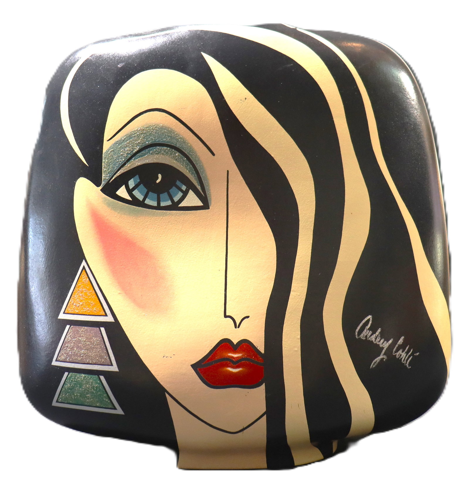 Audrey Cohle Limited Edition Vase: An Audrey Cohle, limited edition vase. Features a black base tone, embellished with the visage of a woman, finished with glittered detailing on her earrings. Signed:"Audrey Cohle" and