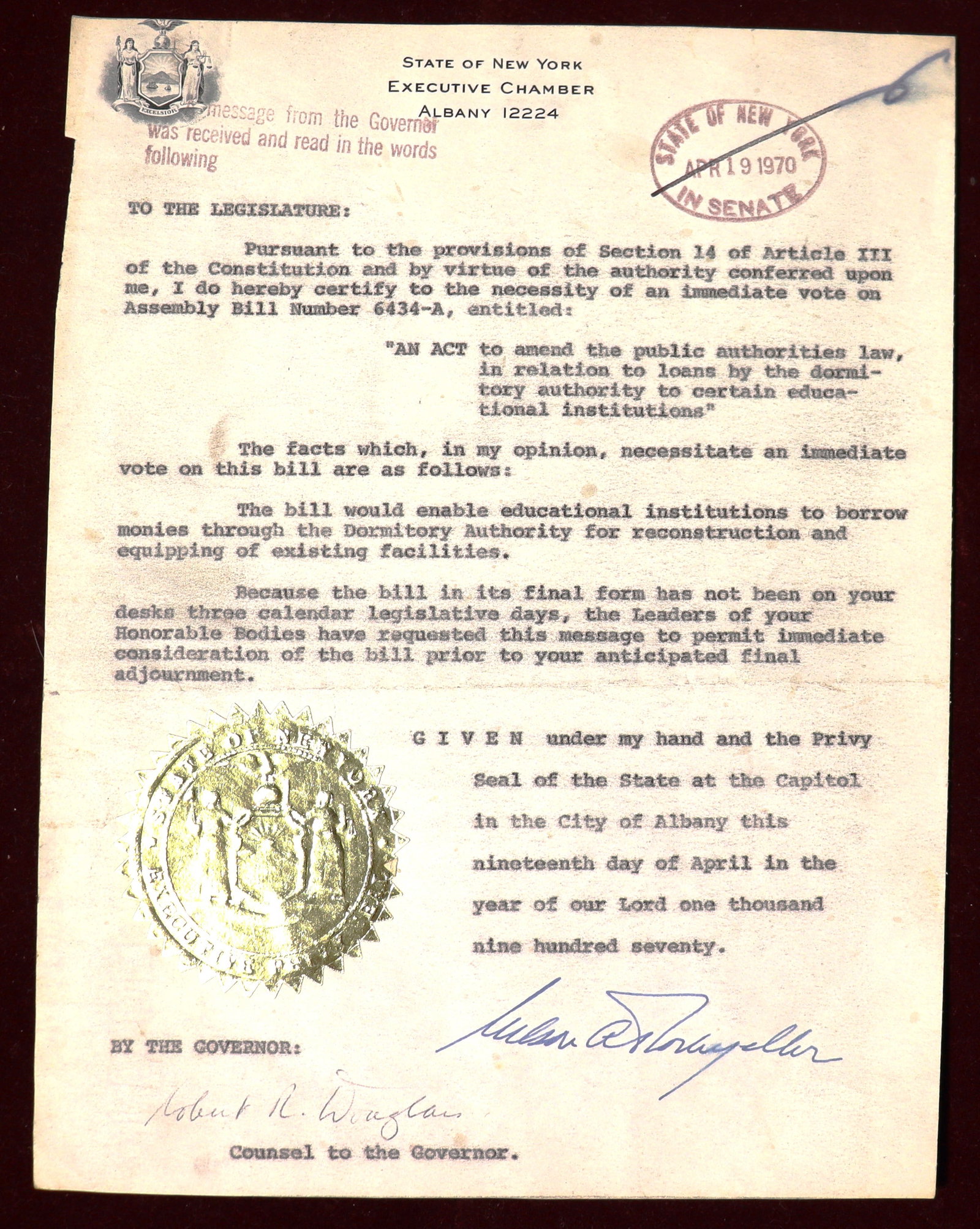 1970 SIGNED Nelson Rockerfeller - Educational institutions (1 of 4)