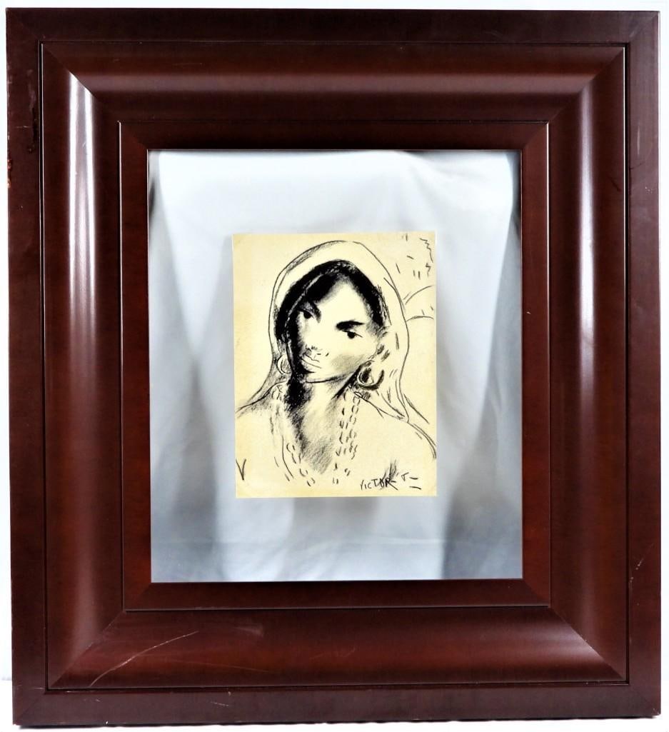 Framed charcoal on paper signed Victor MANUEL Titled Mujer con Panuelo:  Framed charcoal on paper signed Victor MANUEL Titled Mujer con Panuelo Victor MANUEL (1897-1969) Cuban Artist charcoal on paper signed Title Mujer con Panuelo DIMENSIONS with frame: