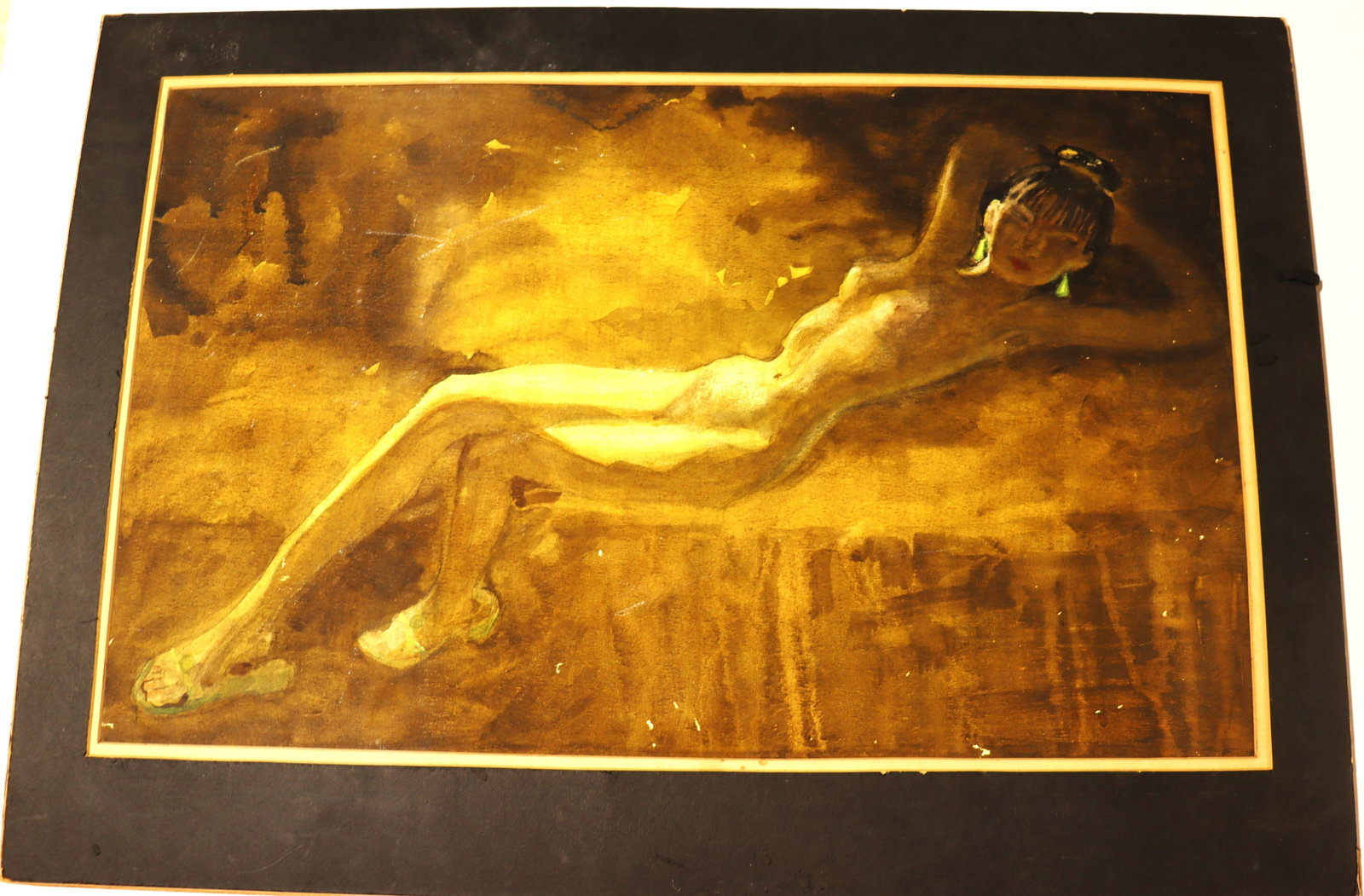 Vintage Watercolor on board unsigned, Woman reclining on a bed (1 of 4)