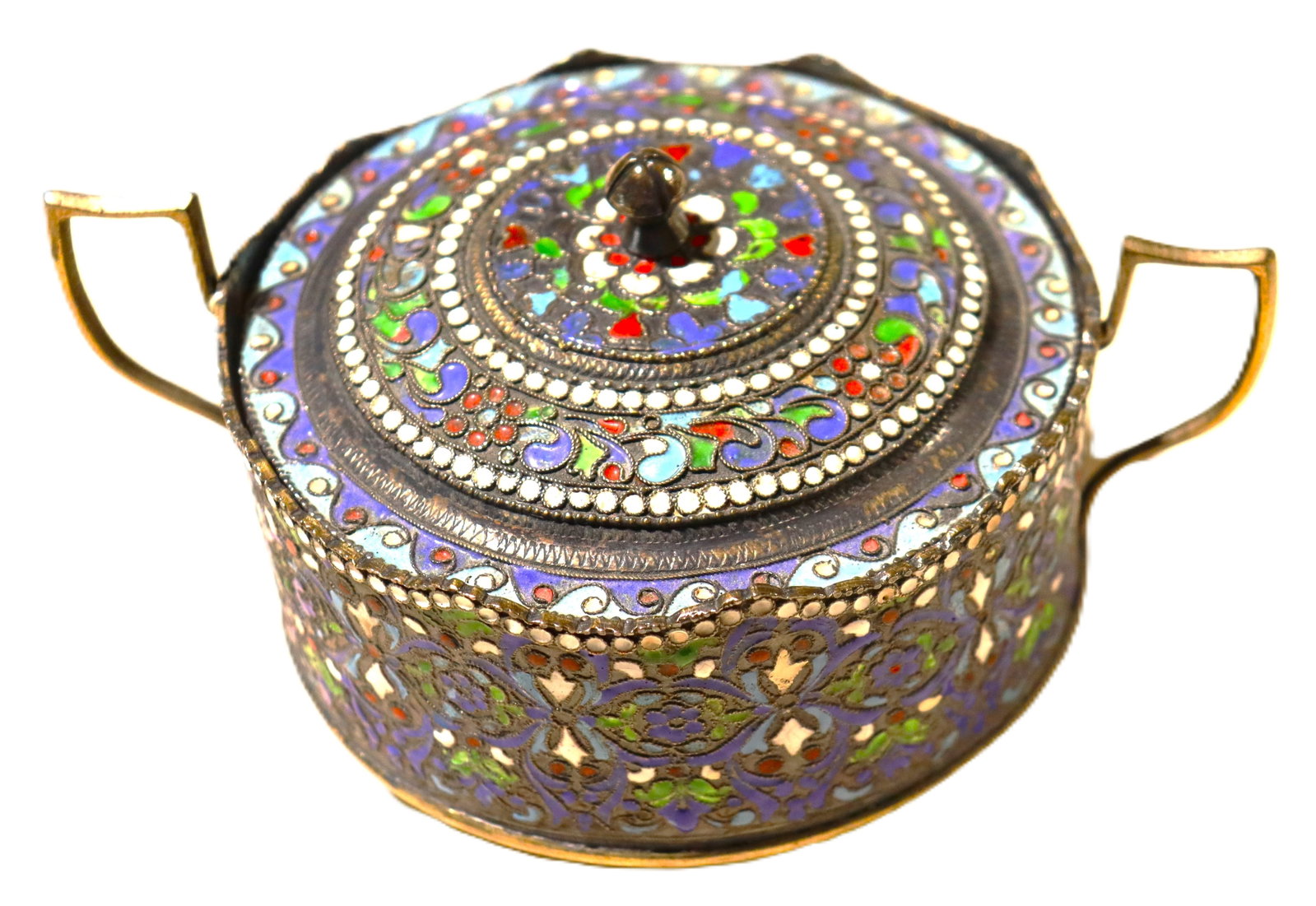 Antique brass and enamel sugar bowl,: Antique brass and enamel sugar bowl, DIMENSIONS: Height 2.75 inch / 7 cm Diameter: 4 inch / 10,1 cm 