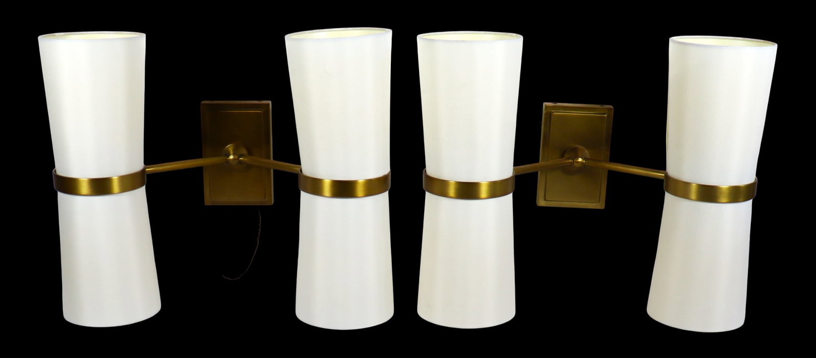 Vintage Pair of golden Finish; Ivory/White Round Drum Shades.: Vintage Pair of golden Finish; Ivory/White Round Drum Shades. This wall sconce lighting is finished in brass throughout. DIMENSIONS for each one: Height: 15 inch / 38 cm 