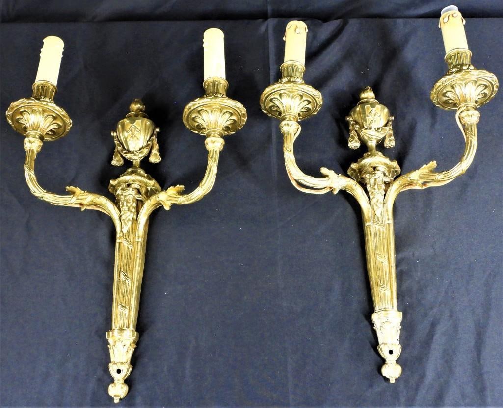 ANTIQUE Pair of French Gilt bronze, 19th century France, wall sconces with 2 arms: Pair of French Gilt bronze Louis XVI style sconces, late 19th century France, wall sconces with 2 arms DIMENSIONS: Height: 16.25 inch / 42 cm &n