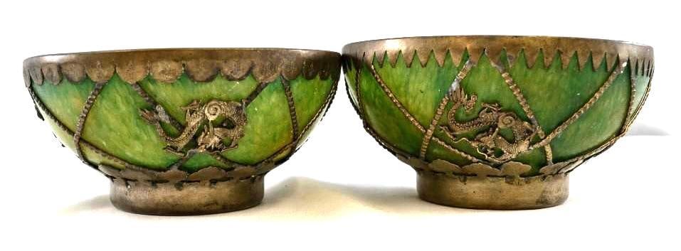 Two Chinese Jade Bowls: Two Chinese Jade Bowls with silver metal mounts, two with dragon applications, each marked on bottom, all in good condition. Dimension: Diam 11 c