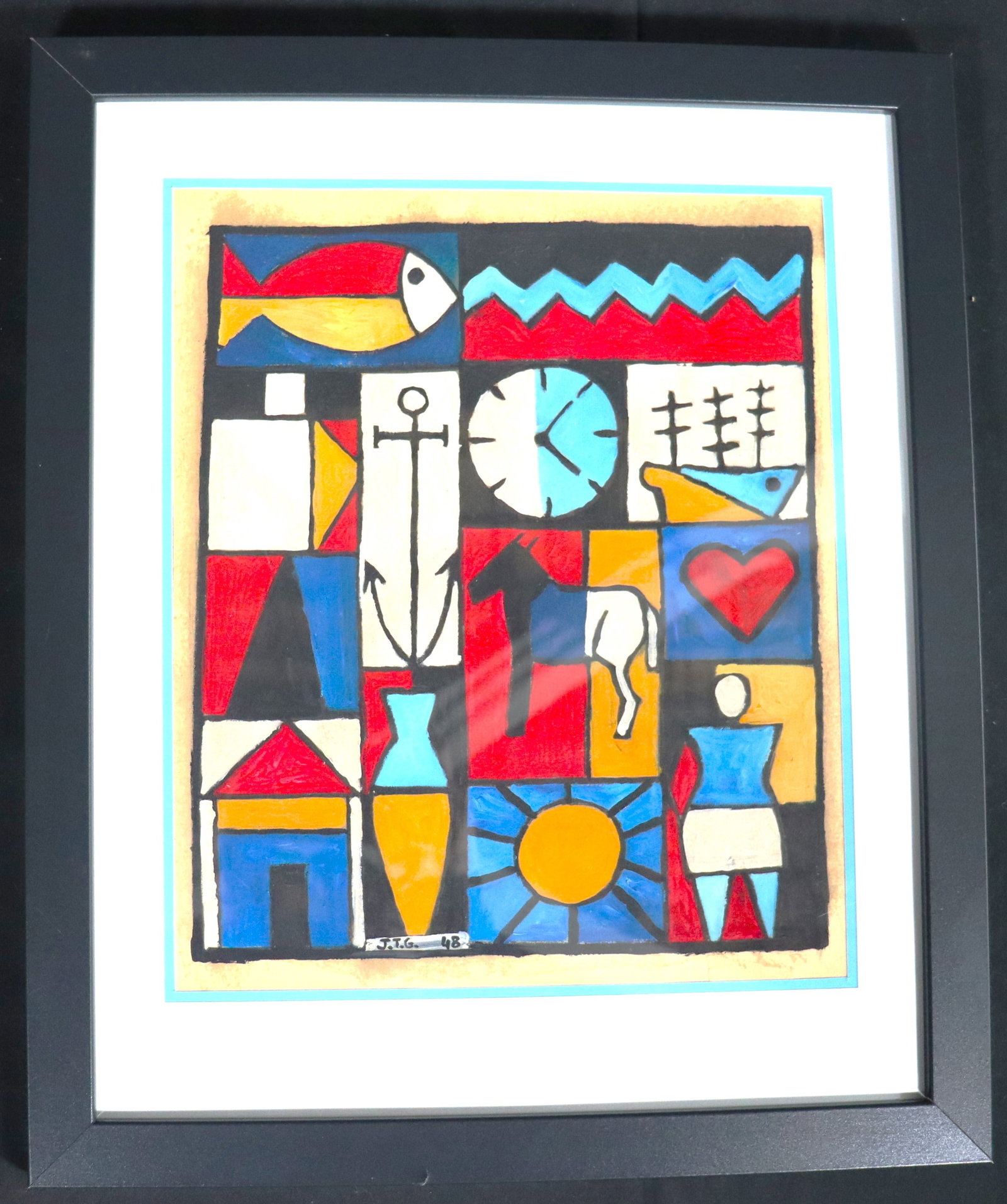 Framed Mixed Media on paper signed JOAQUIN TORRES-GARCIA and dated 48: Framed Mixed Media on paper signed J.T.G. and dated 48 JOAQUIN TORRES-GARCIA (Uruguayan, 1874-1949) We do not have a COA for this piece and is therefore being sold in the manner of&nbs