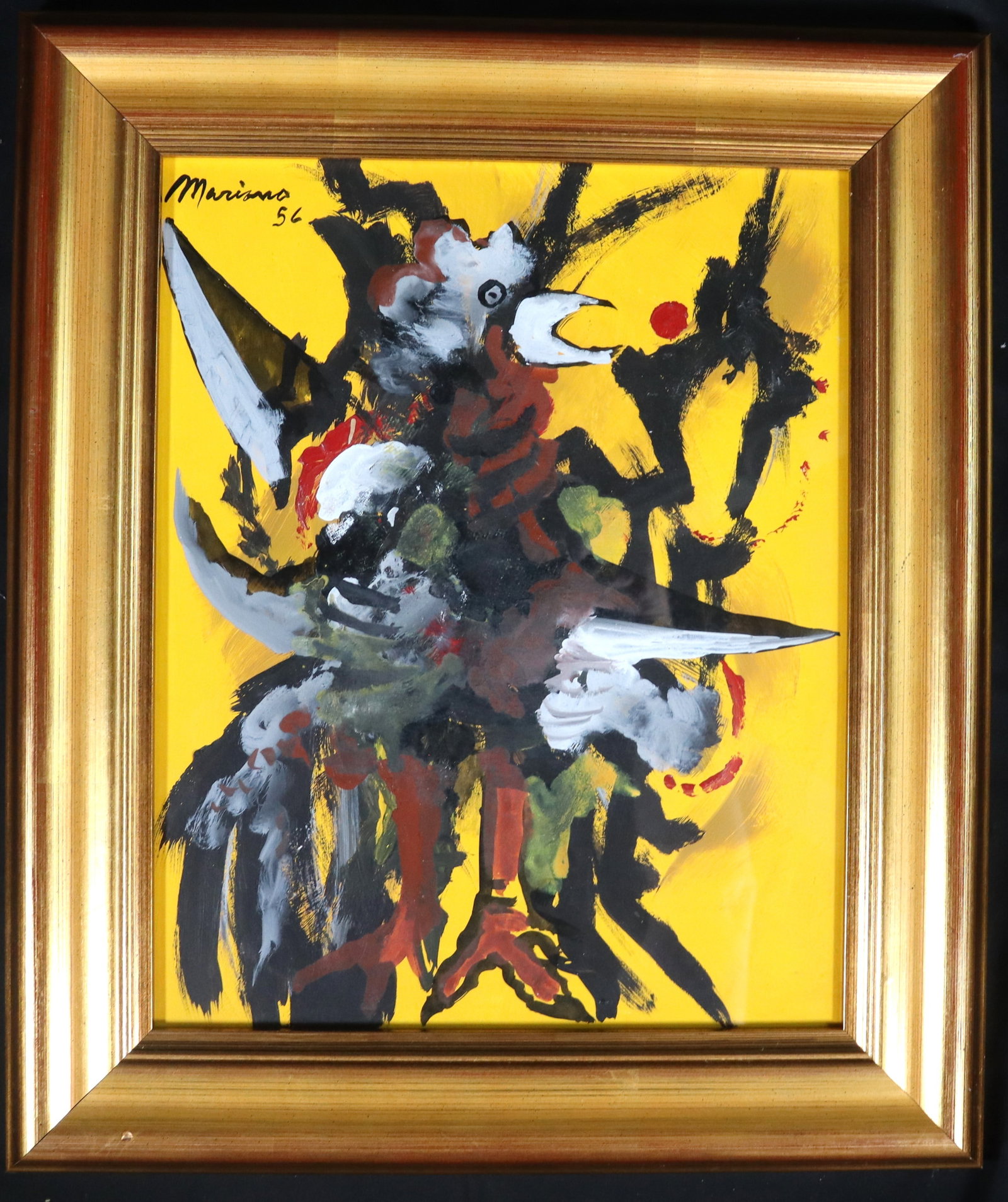 Framed Mixed Media on Paper signed MARIANO and Dated 56: Framed Mixed Media on Paper signed MARIANO and Dated 56 titled Abstract Rooster We do not have a COA for this piece and is therefore being sold in the manner of MARIANO DIMENSIONS with fra