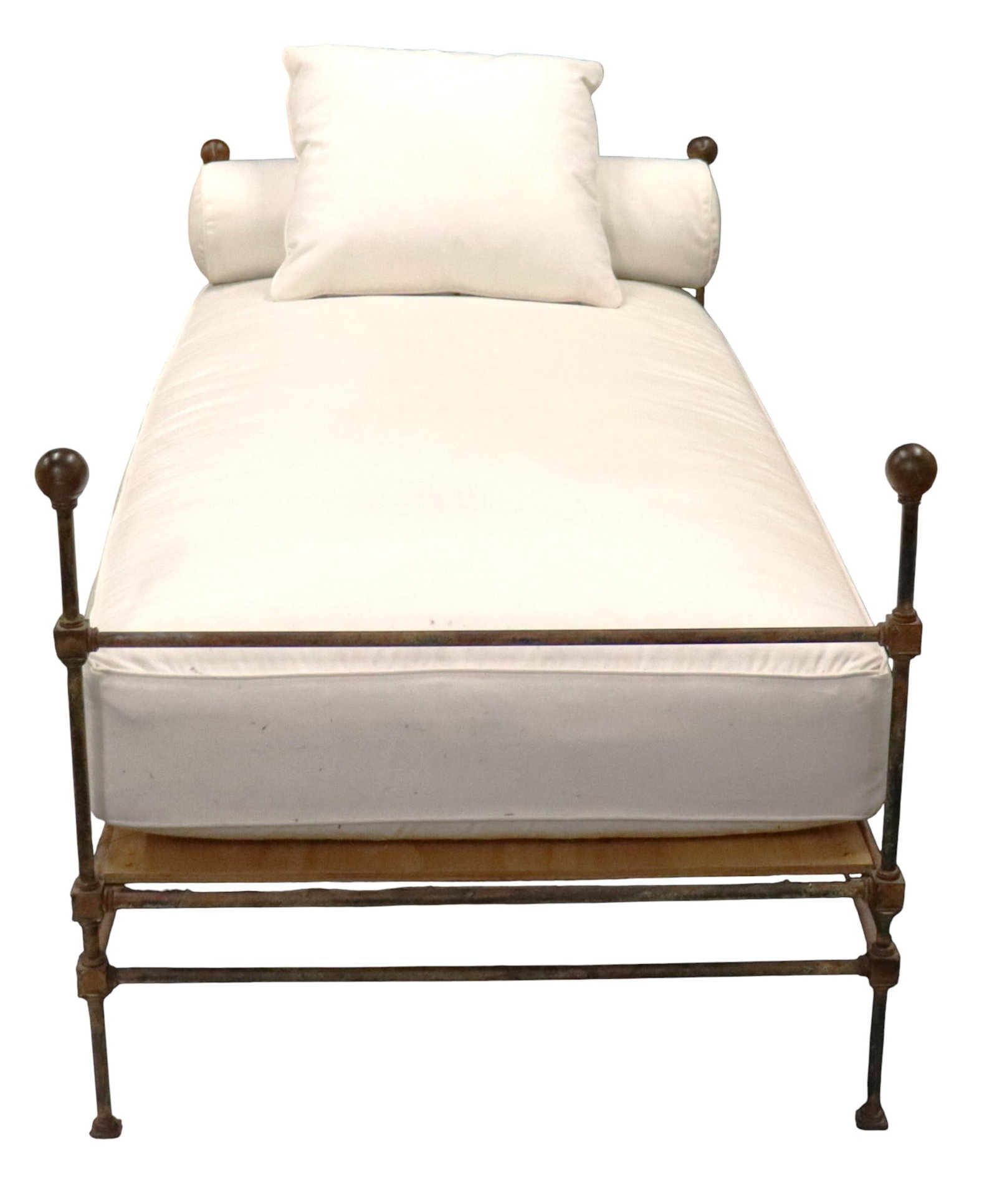 Vintage-style daybed Bench features a dark metal frame with brass accents and is upholstered in (1 of 19)