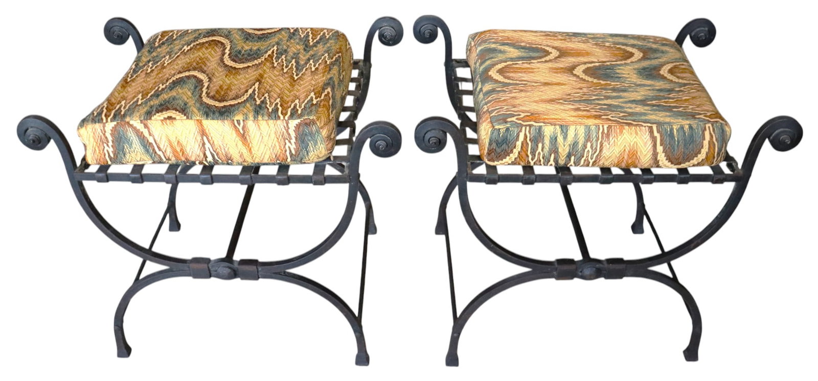 Pair of throne chairs made of heavy burnished iron. Thick cushion set on the strong frame.: Pair of throne chairs made of heavy burnished iron. Thick cushion set on the strong frame. DIMENSIONS for each one: Height: 22 inch / 56 cm &nbs
