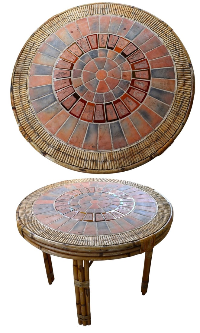 Round Dining Table by Roger Capron (1922-2006) French: Round Dining Table by Roger Capron (1922-2006) French Rattan and glazed ceramic Signed 'CAPRON' on a tile Model created c.1950/ 1960 Manufactured by Vallauris, France. DIMENSION