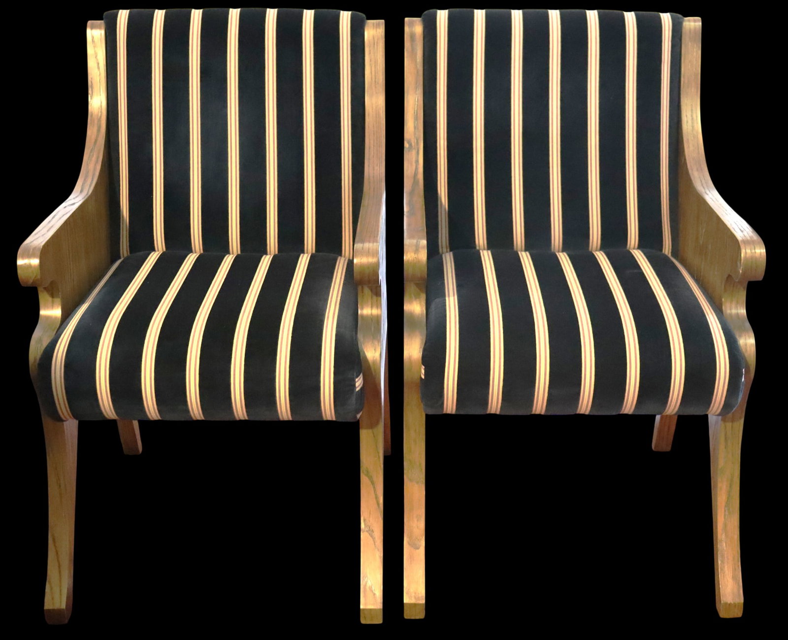 Two Vintage black and gold striped armchairs Empire or Regency style,: Two Vintage black and gold striped armchairs Empire or Regency style, a look that has been reproduced in various forms since the mid-20