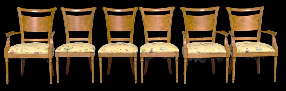 Set of three Regency-style armchairs and three chairs: Set of three Regency-style armchairs and three chairs, featuring a distinctive storybook or Chinoiserie-style print on its upholstered seat. The chair's design elements are characteristic of