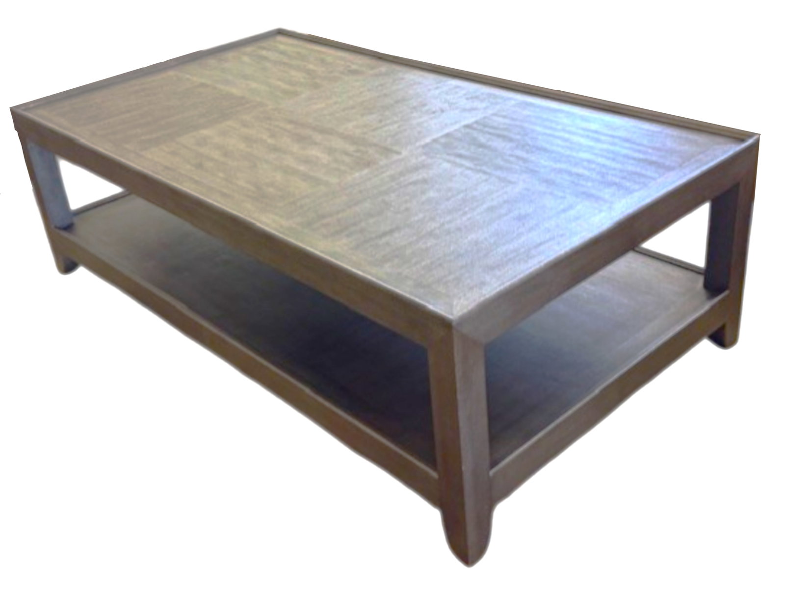 Large rectangular wooden coffee table with two shelves and a panel design on the top surface.: Large rectangular wooden coffee table with two shelves and a panel design on the top surface. DIMENSIONS: Height: 20 inch / 50,8 cm 