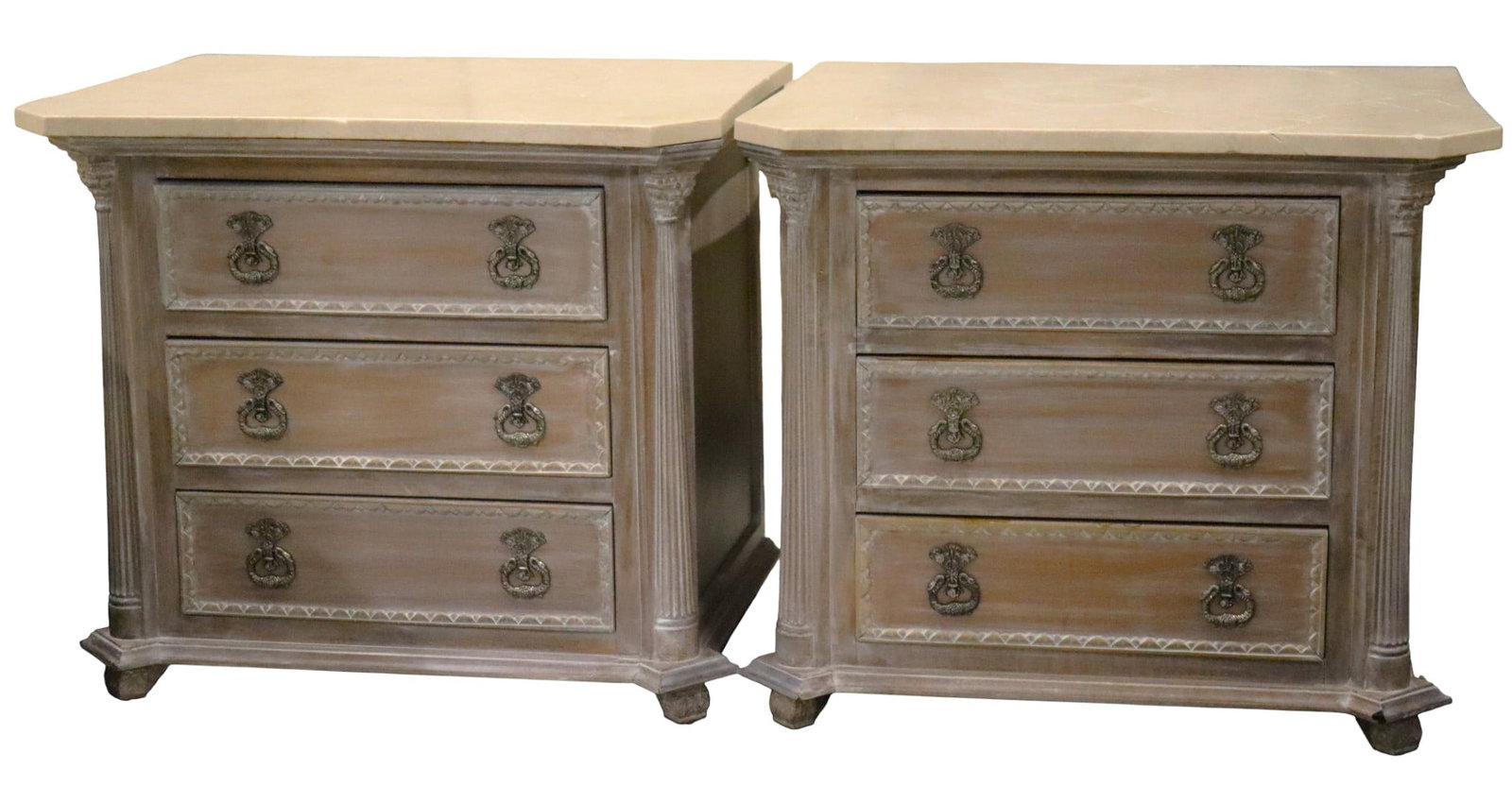 A pair of wooden Nightstands features three drawers with marble top: A pair of wooden Nightstands features three drawers with marble top DIMENSIONS for Each one: Height: 22.50 inch / 57 cm 