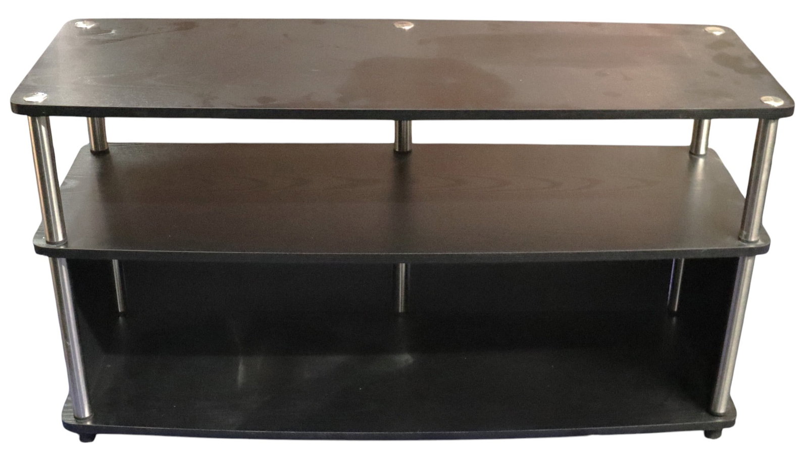 TV Stand, featuring black shelving and stainless-steel leg posts. (1 of 9)