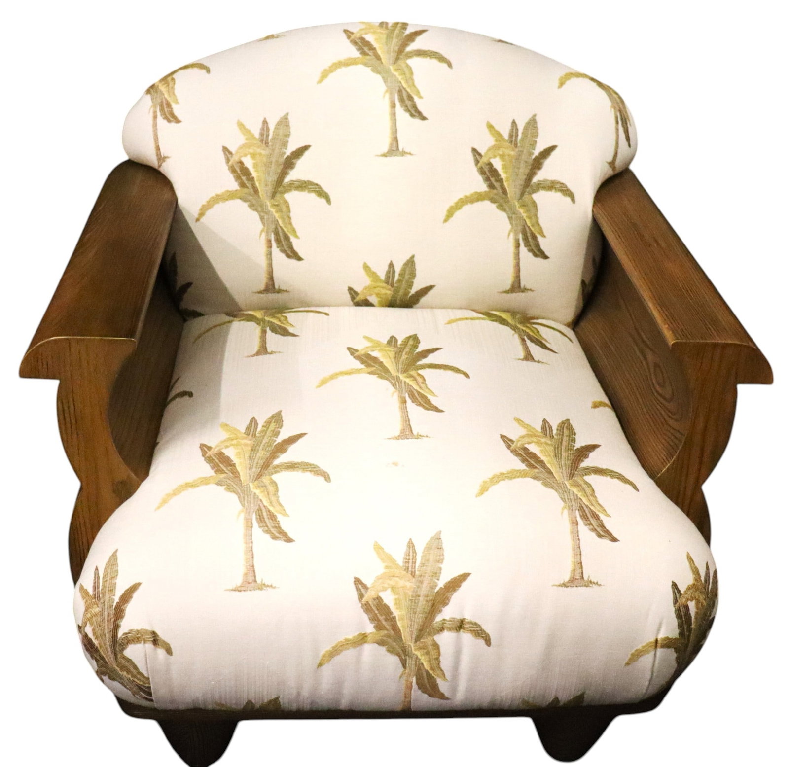 Vintage British colonial-style lounge armchair with a custom upholstery with a palm tree pattern: Vintage British colonial-style lounge armchair with a custom upholstery with a palm tree pattern, curved solid wood