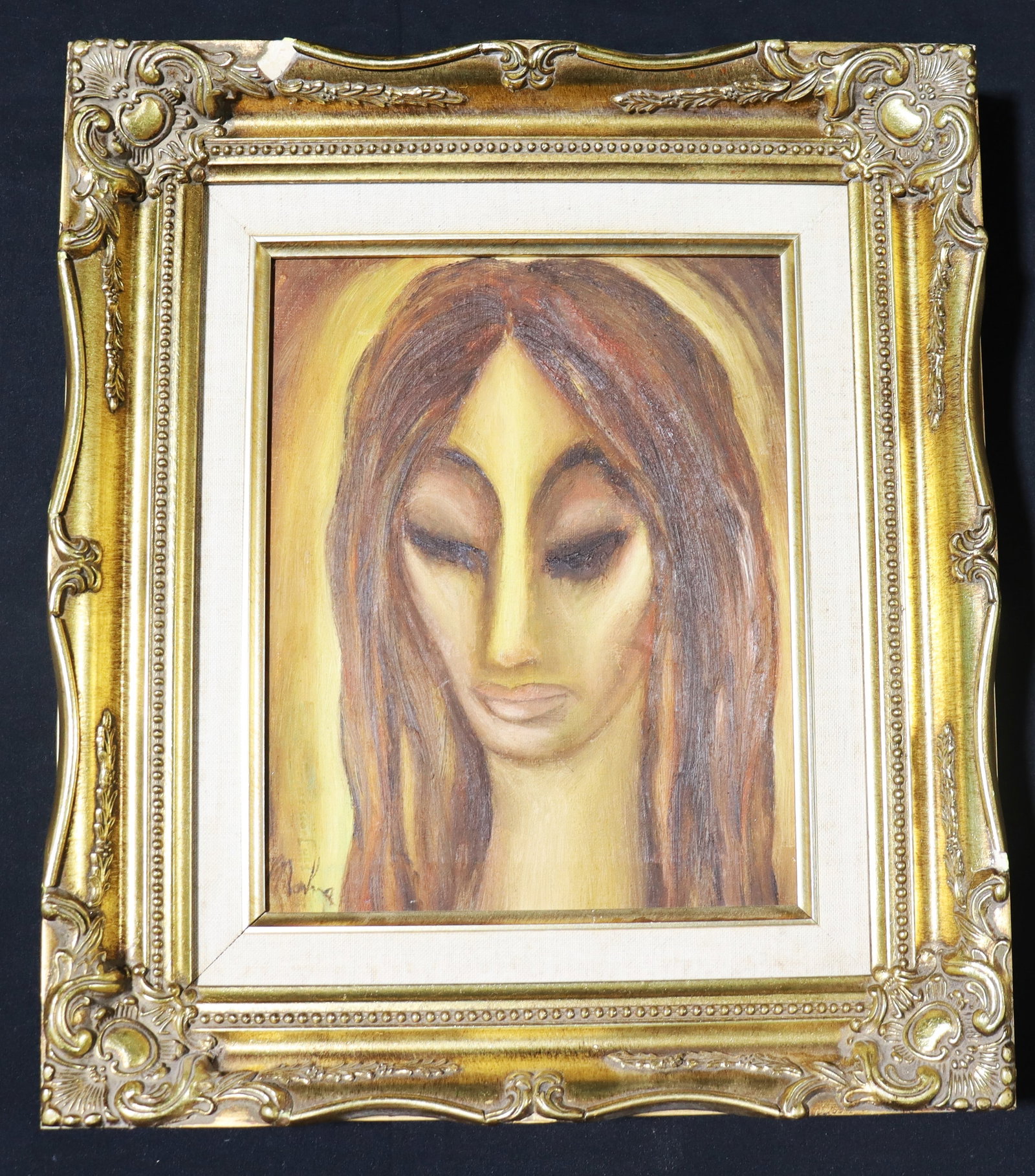 Framed Oil on Canvas signed HECTOR MOLNE: Framed Oil on Canvas signed HECTOR MOLNE HECTOR MOLNE (b. 1935-2025, Cuban) The painting is an oil portrait of a woman with long brown hair, large eyes, and a somber expression. 
