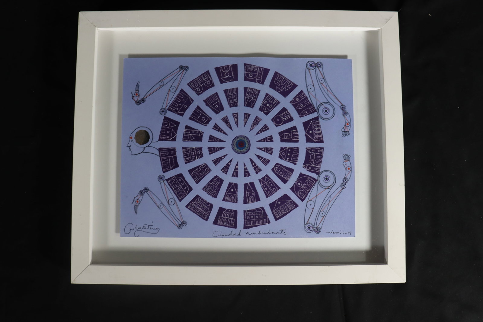 Framed Mixed Media on Paper signed Carlos ESTEVEZ (Cuban born in 1969) and dated 2015: Framed Mixed Media on Paper signed Carlos ESTEVEZ (Cuban born in 1969) and dated MIAMI 2015 Titled CUIDAD AMBULANTE DIMENSIONS with frame: Height 12.75 inch / 32,5 cm 