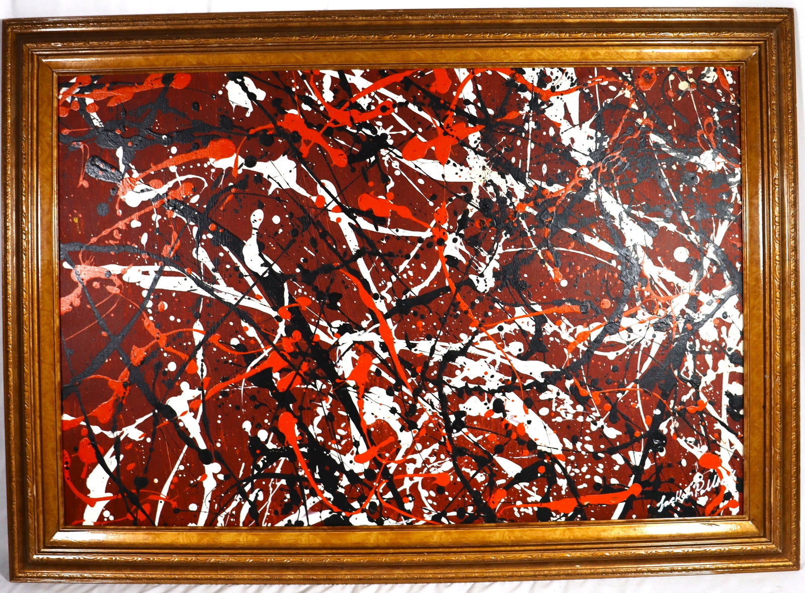 Framed Oil on Canvas Abstract Painting signed Jackson Pollock lower left: Framed Oil on Canvas Abstract Painting signed Jackson Pollock lower left Jackson Pollock (1912–1956) was an American painter Sold in the manner of Jackson Pollock with No paper
