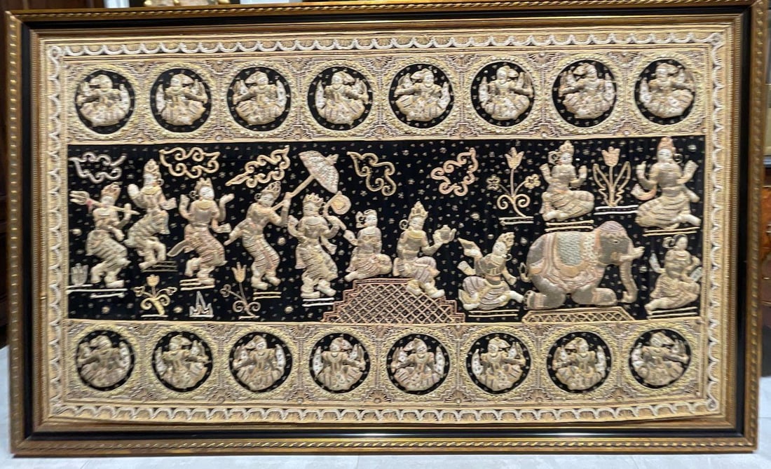 BURMESE KALAGA TAPESTRY HAND EMBROIDERED FRAMED (1 of 2)