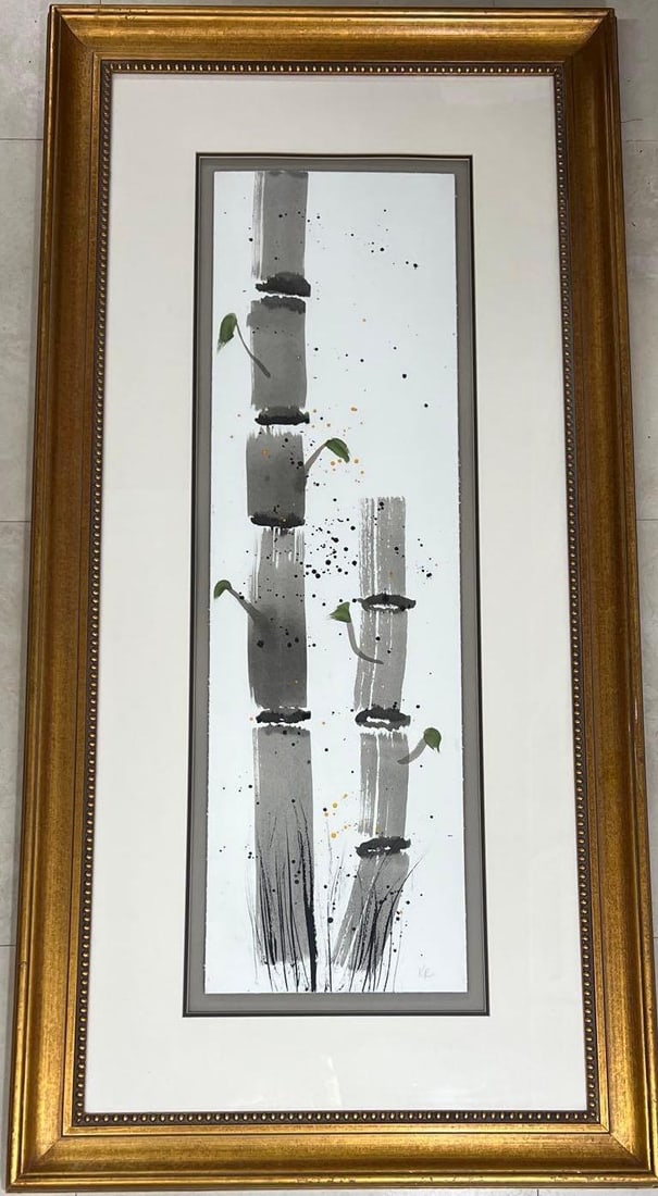 Framed Mixed Media on paper signed lower right.: Framed Mixed Media on paper signed lower right. Titled BAMBOO FOREST DIMENSIONS with frame: Height 55.75 inch / 141,5 cm 