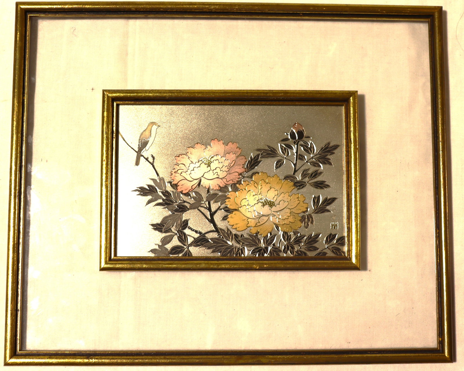 Japanese Chokin art, specifically a mixed-metal plaque featuring traditional East Asian botanical: Japanese Chokin art, specifically a mixed-metal plaque featuring traditional East Asian botanical motifs, Chokin art involves carving into copper plate and gilding the surface with layers of gold