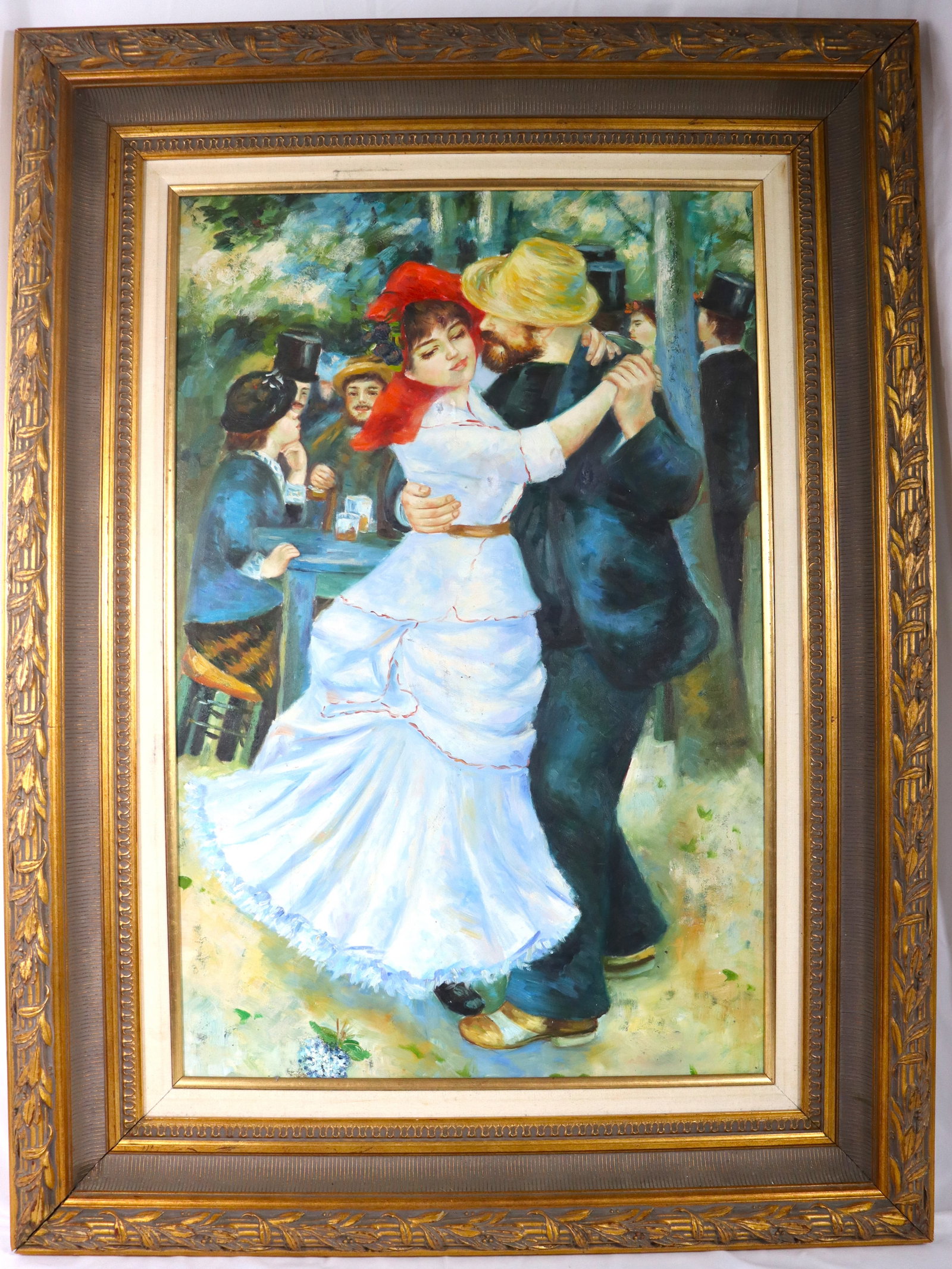 FRAMED Oil on Canvas Unsigned AFTER PIERRE-AUGUSTE RENOIR'S DANCE AT BOUGIVAL: FRAMED Oil on Canvas Unsigned AFTER PIERRE-AUGUSTE RENOIR'S DANCE AT BOUGIVAL, Reproduction of the famous Impressionist painting DIMENSIONS with frame: Height 46.75 inch / 118,8 cm &nbs