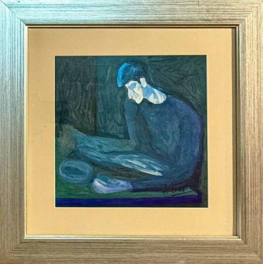 Framed reproduction on Paper of the painting The Blind Man's Meal by Pablo Picasso.: Framed reproduction on Paper of the painting The Blind Man's Meal by Pablo Picasso. It was painted in 1903 during Picasso's "Blue Period" (1901-1904), a time when he was depres