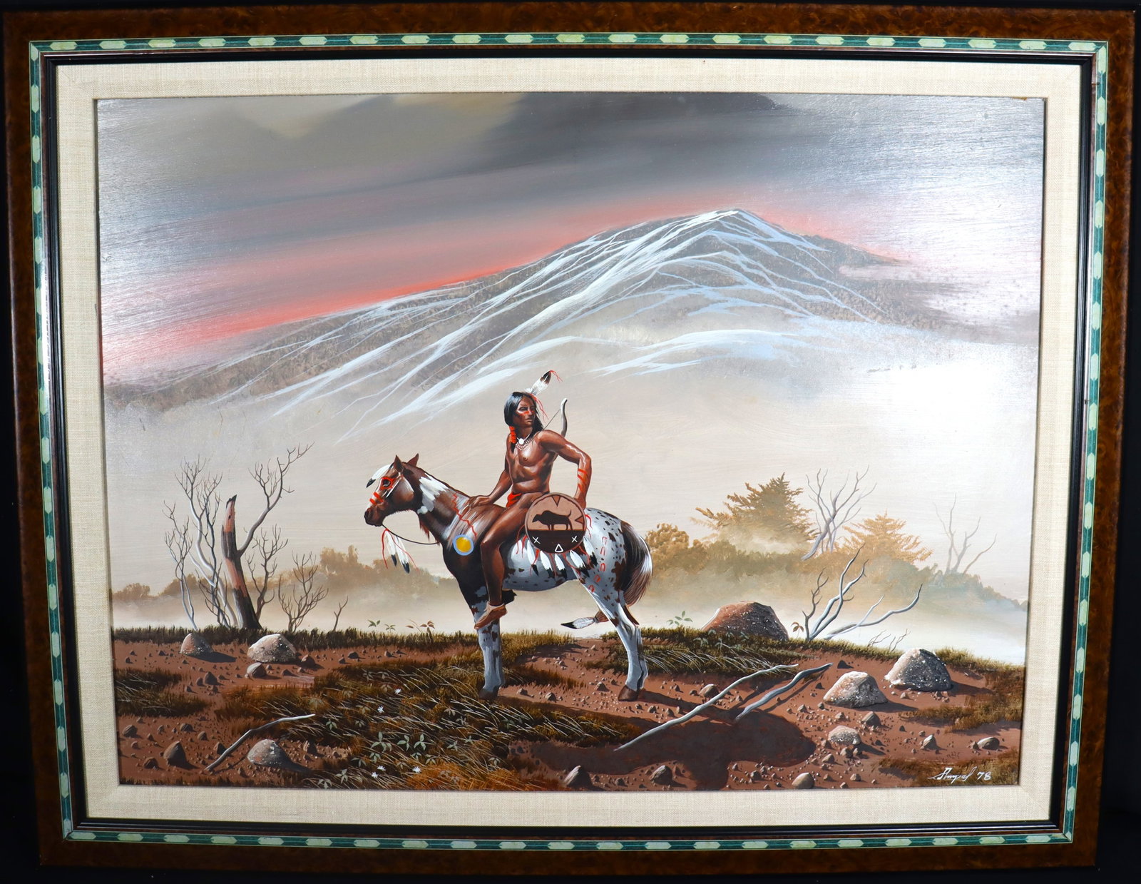Framed Mixed Media on Masonite signed Ampel and dated 78: Framed Mixed Media on Masonite signed Ampel and dated 78 Native American on Masonite Painting by Gary Ampel (American, b. 1940) DIMENSIONS with frame: Height 22.25 inch / 56,5 cm &nb